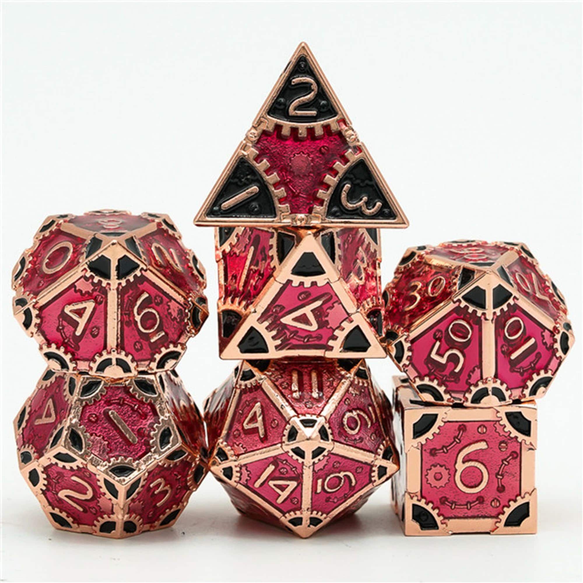 Steampunk Chaos Engine Red Metal Rogue Style DND/TTRPG Dice set - Dicemaniac