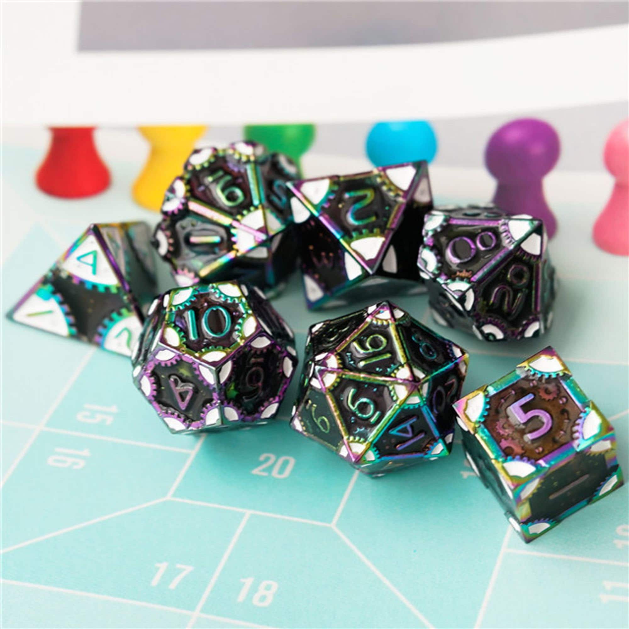Steampunk Chaos Engine Fluorescent Metal DND/TTRPG DICE SET - Dicemaniac