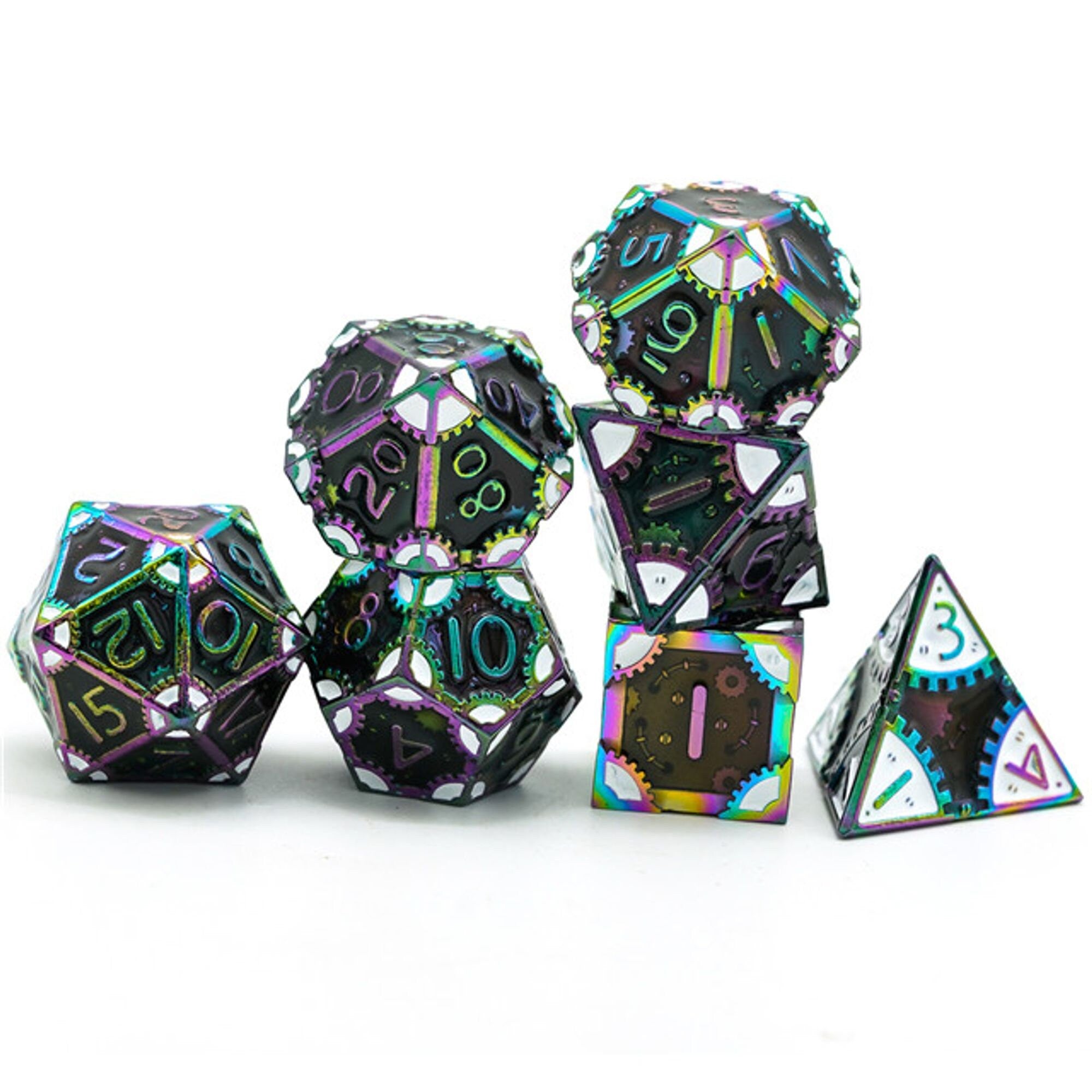 Steampunk Chaos Engine Fluorescent Metal DND/TTRPG DICE SET - Dicemaniac