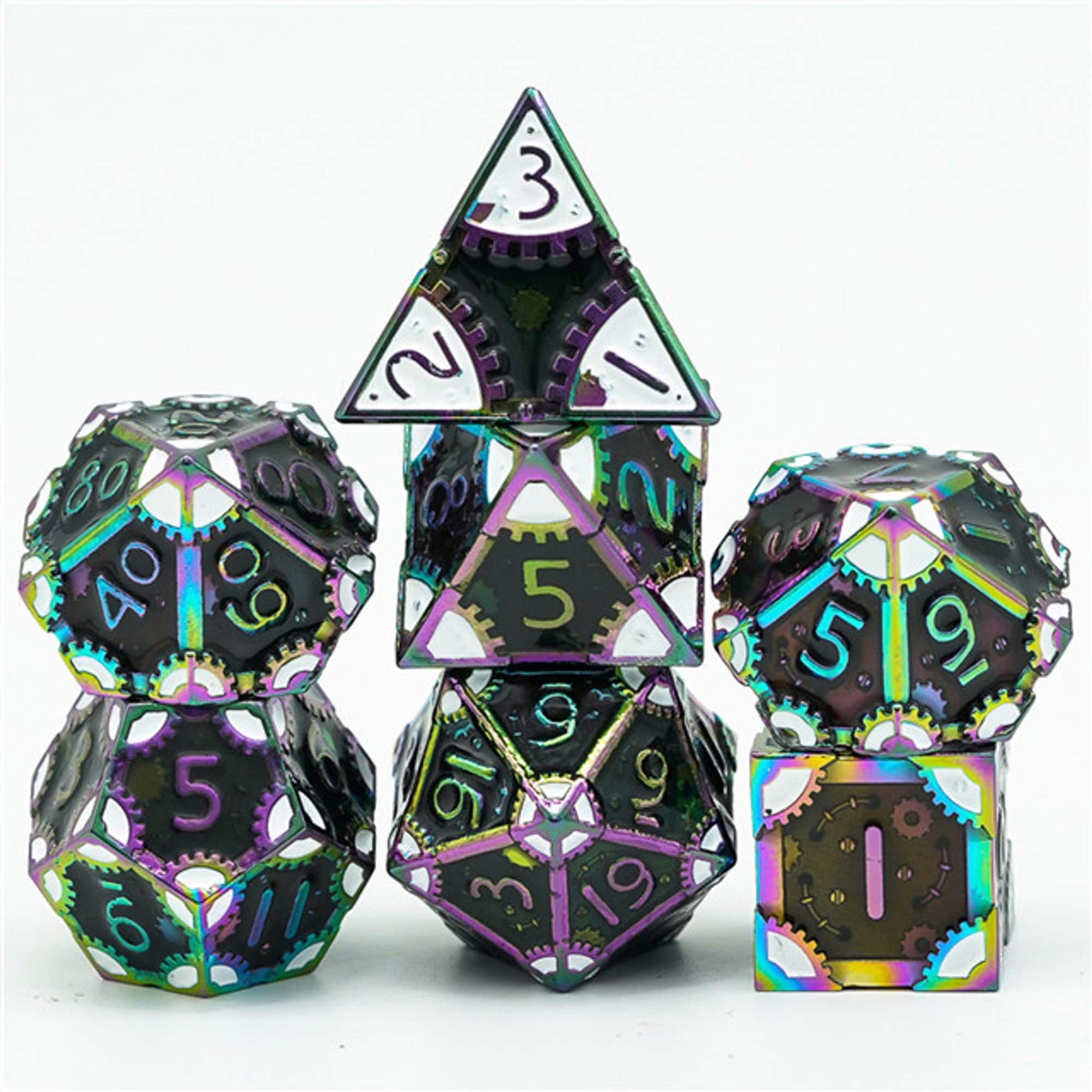 Steampunk Chaos Engine Fluorescent Metal DND/TTRPG DICE SET - Dicemaniac