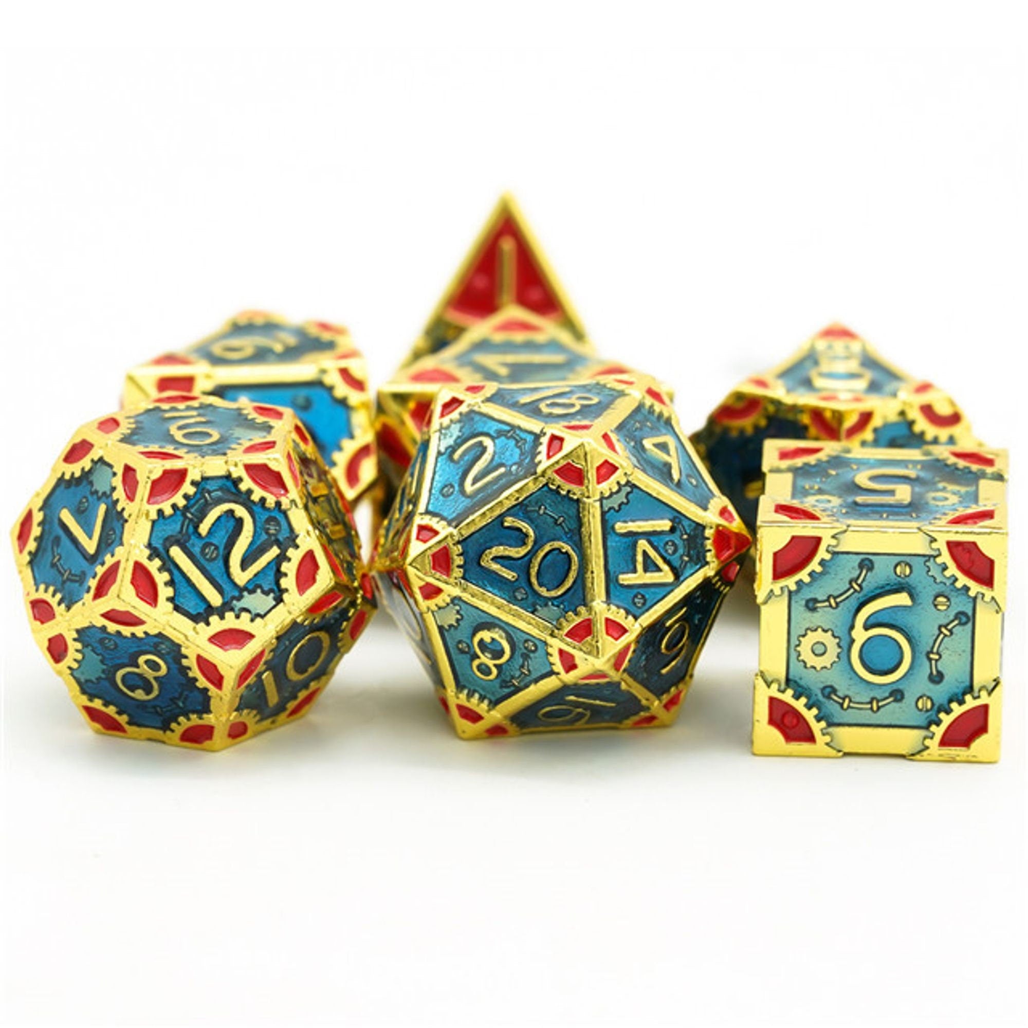 Steampunk Chaos Engine Rich Blue and Red Metal Rogue Style DND/TTRPG Dice set - Dicemaniac