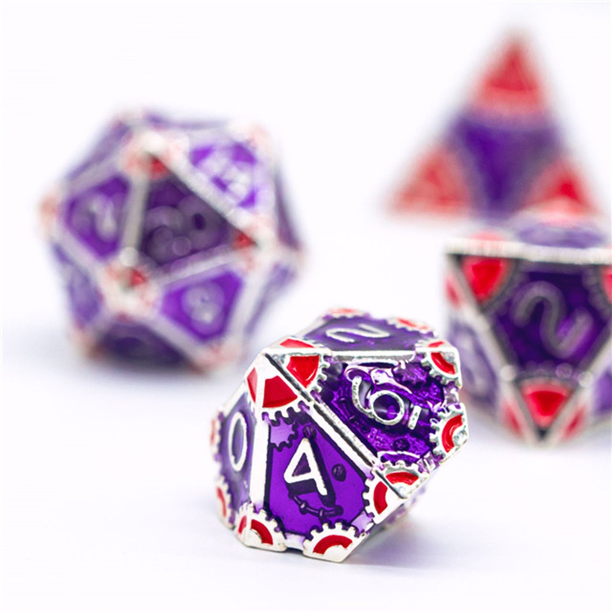 Steampunk Chaos Engine Purple and Red Metal Rogue Style DND/TTRPG Dice set - Dicemaniac