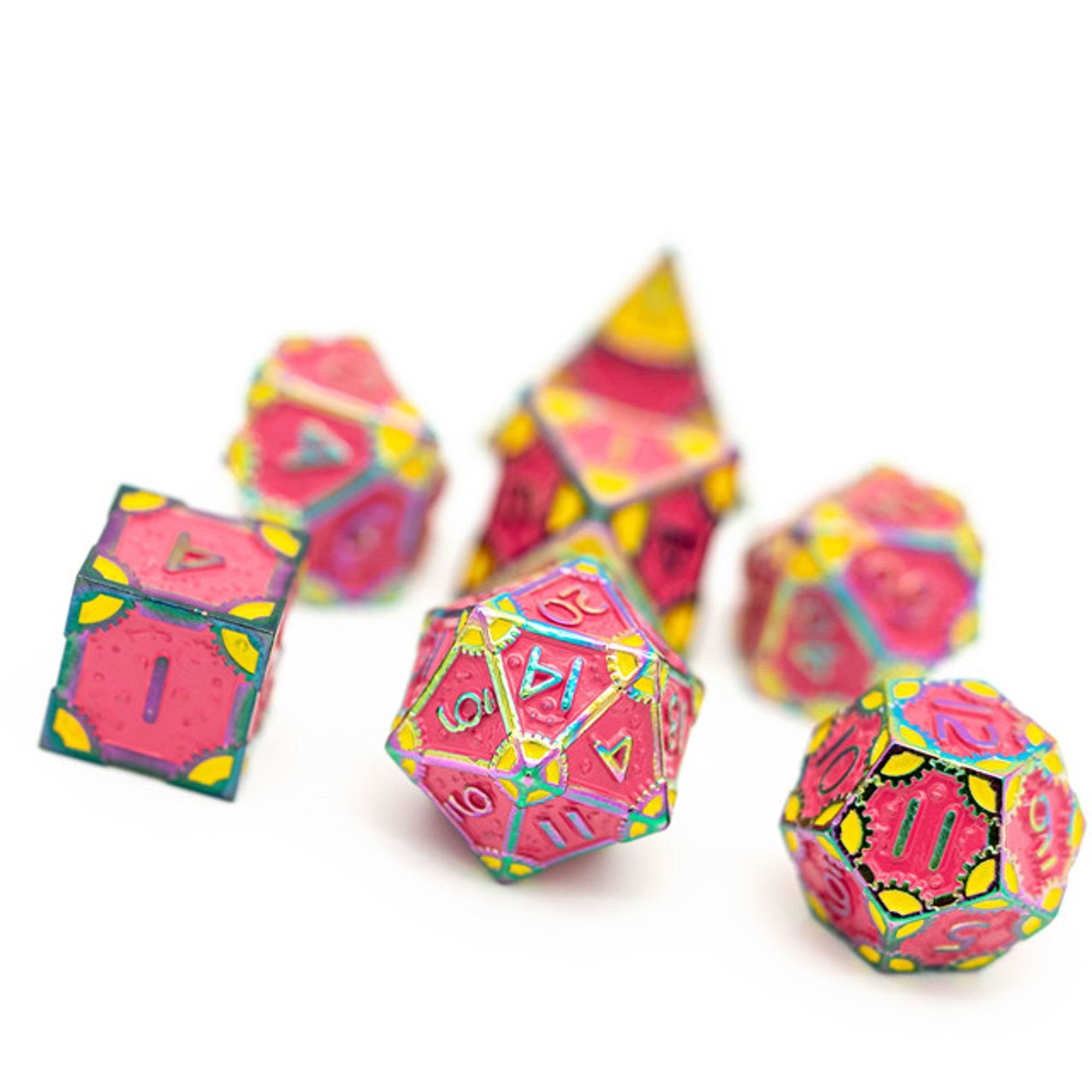 Steampunk Chaos Engine Vibrant Coloured Rainbow Metal Rogue TTRPG/DND DICE SET - Dicemaniac