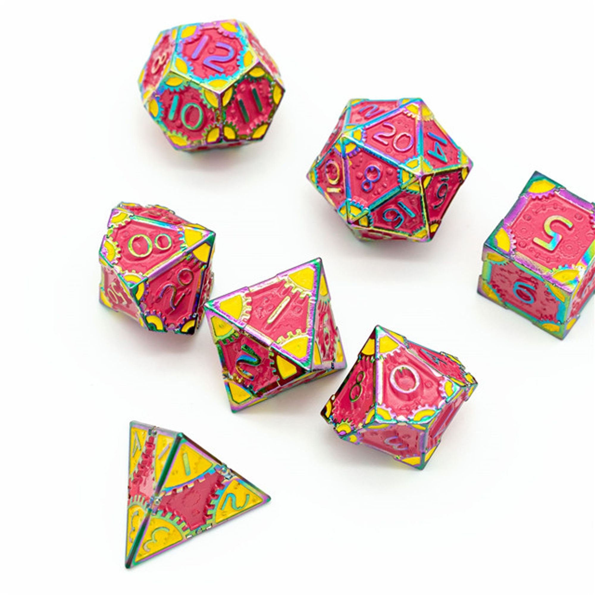 Steampunk Chaos Engine Vibrant Coloured Rainbow Metal Rogue TTRPG/DND DICE SET - Dicemaniac