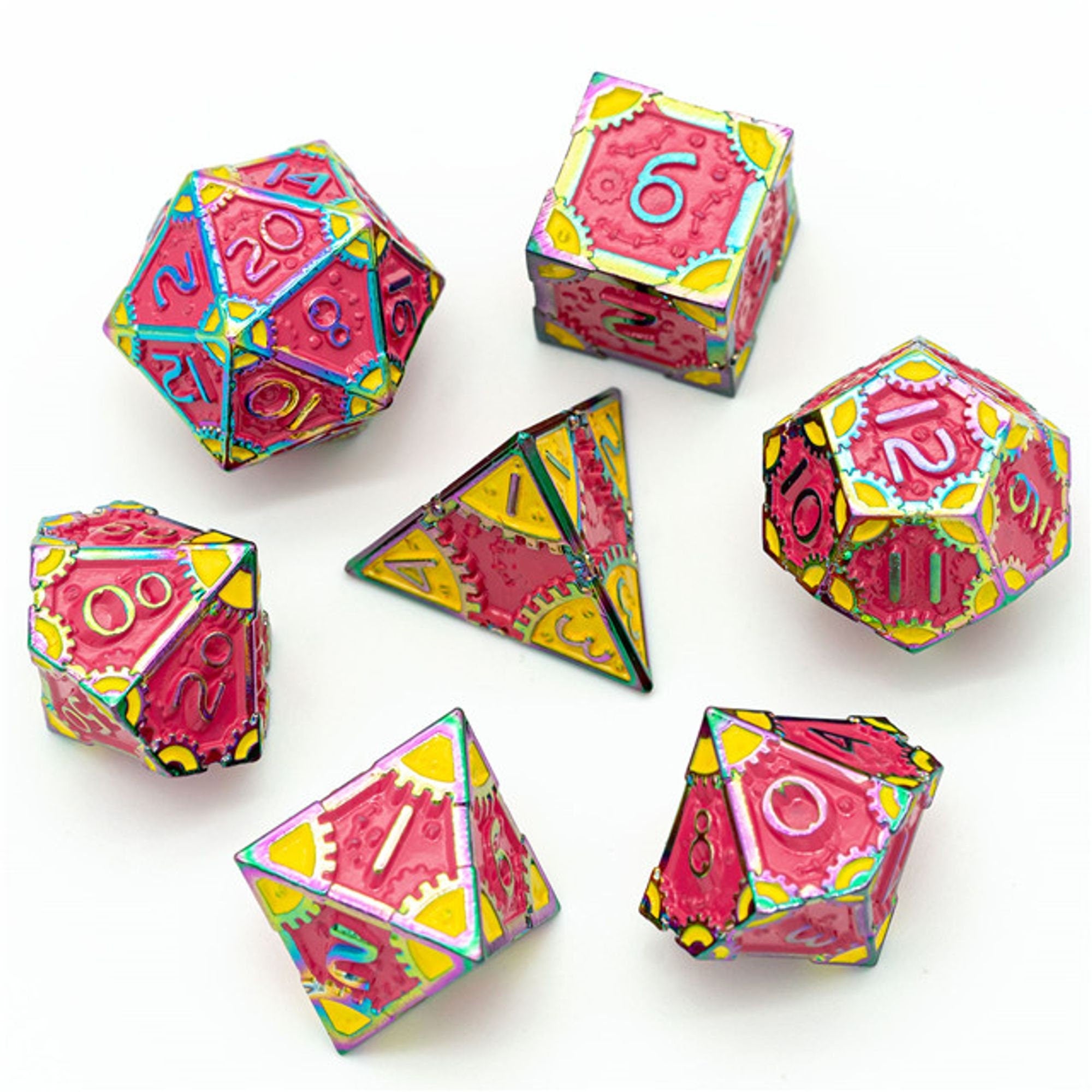 Steampunk Chaos Engine Vibrant Coloured Rainbow Metal Rogue TTRPG/DND DICE SET - Dicemaniac
