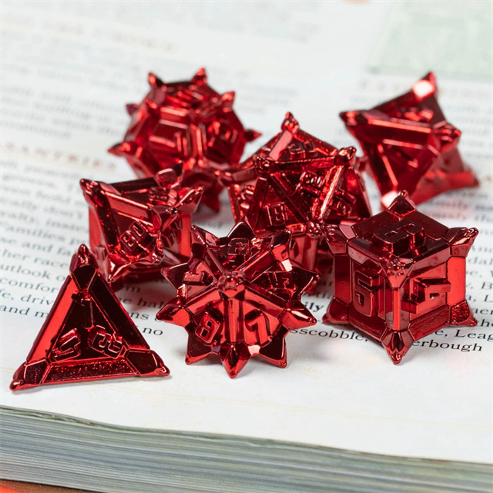 Metal Pinwheel Jet Red Rogue Style DND/TTRPG Dice set - Dicemaniac