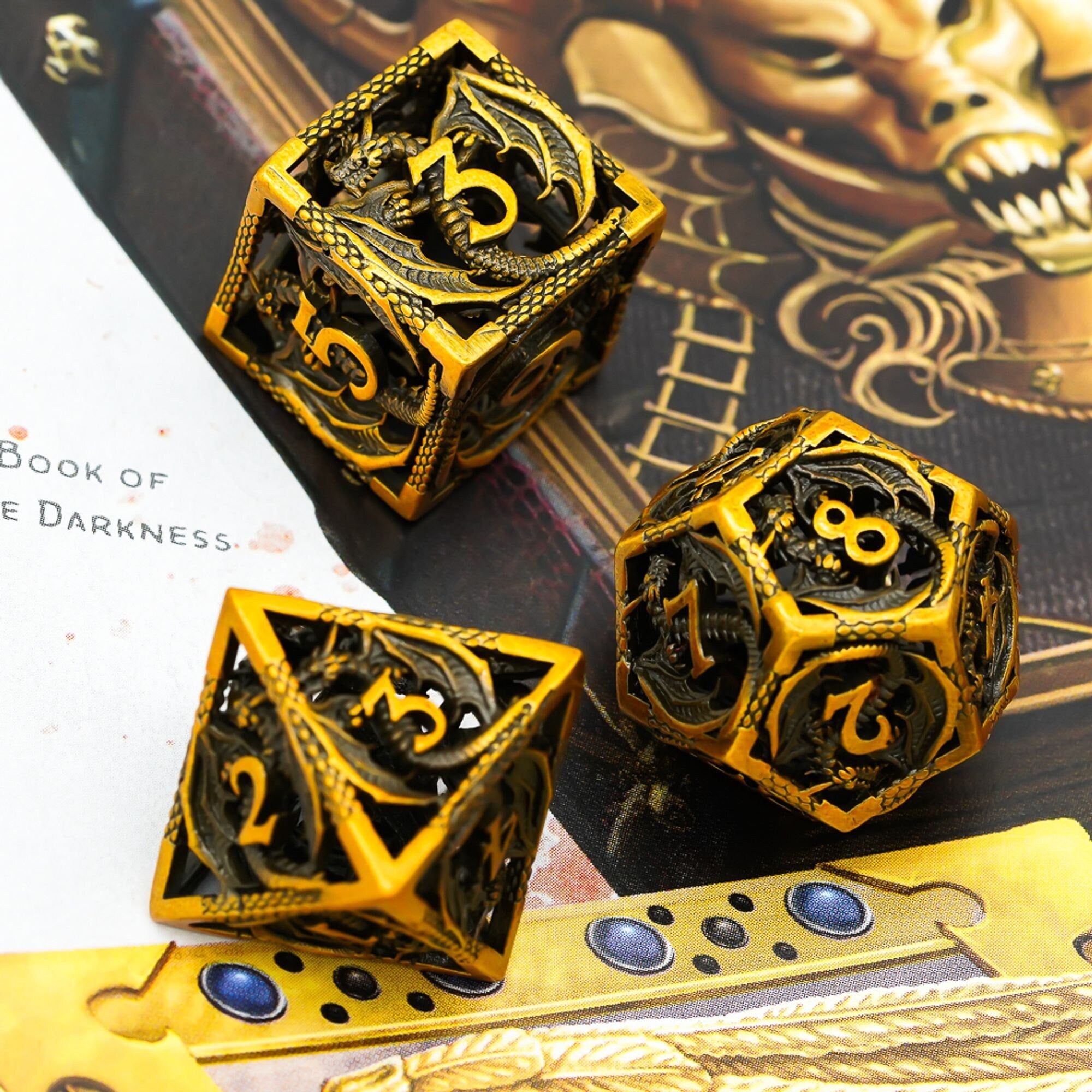 Hollow Aged Golden Draconic Flying Dragon Metal DND/TTRPG Dice set - Dicemaniac