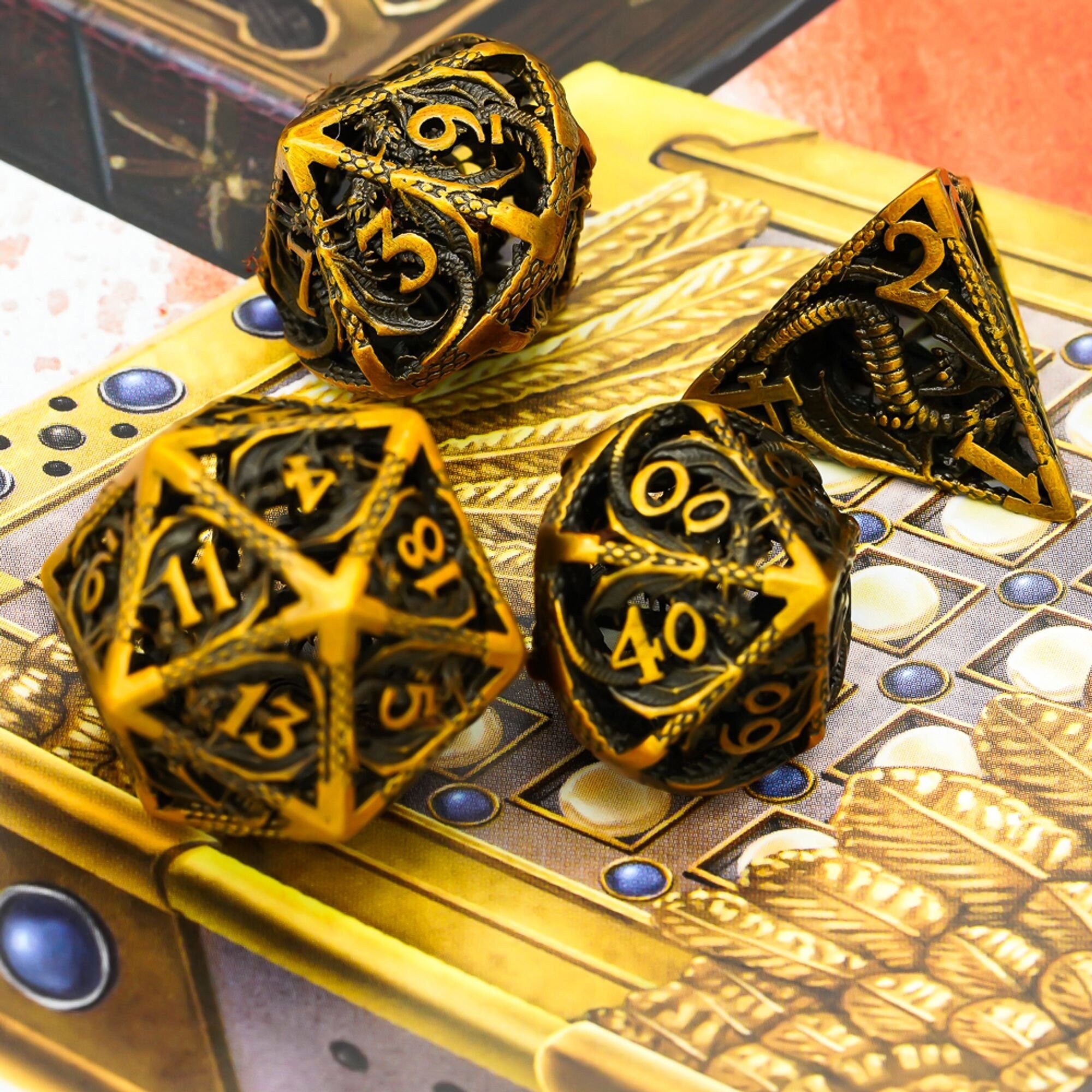 Hollow Aged Golden Draconic Flying Dragon Metal DND/TTRPG Dice set - Dicemaniac