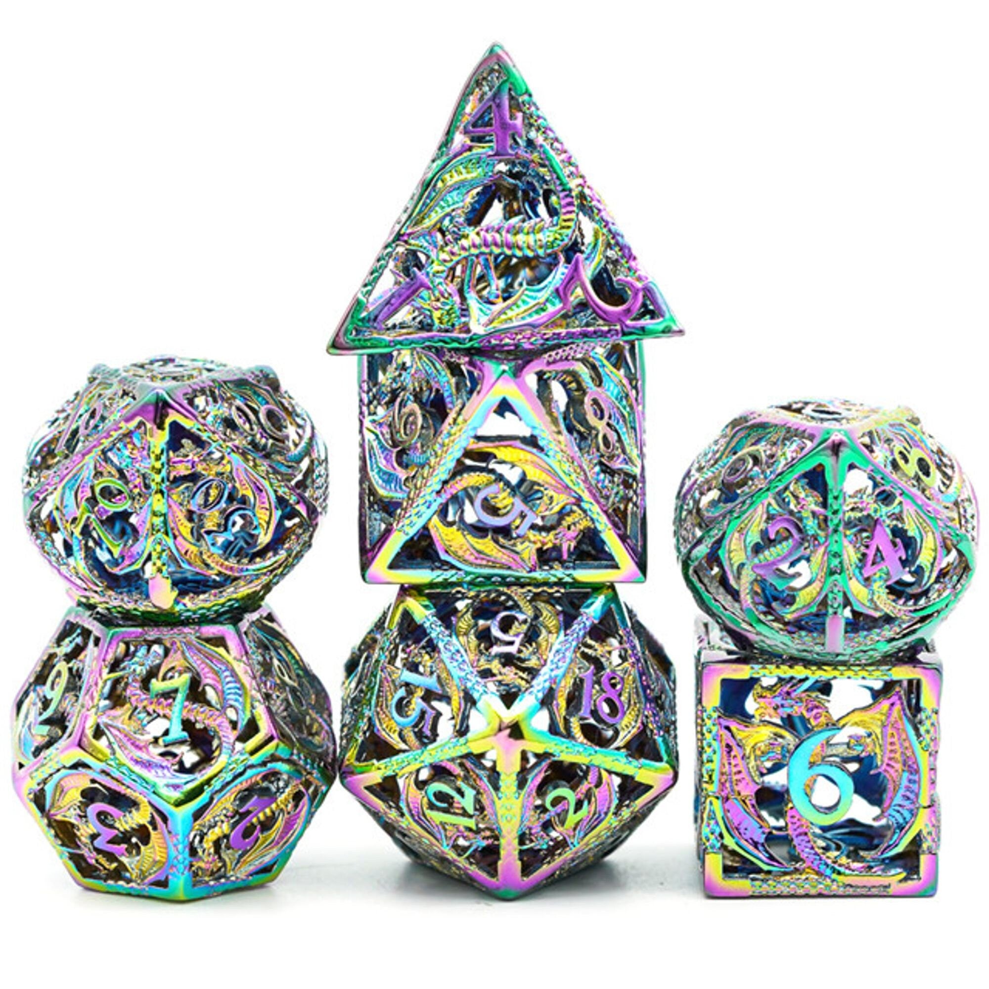 Hollow Holographic Draconic Flying Dragon Metal TTRPG/DND DICE SET - Dicemaniac