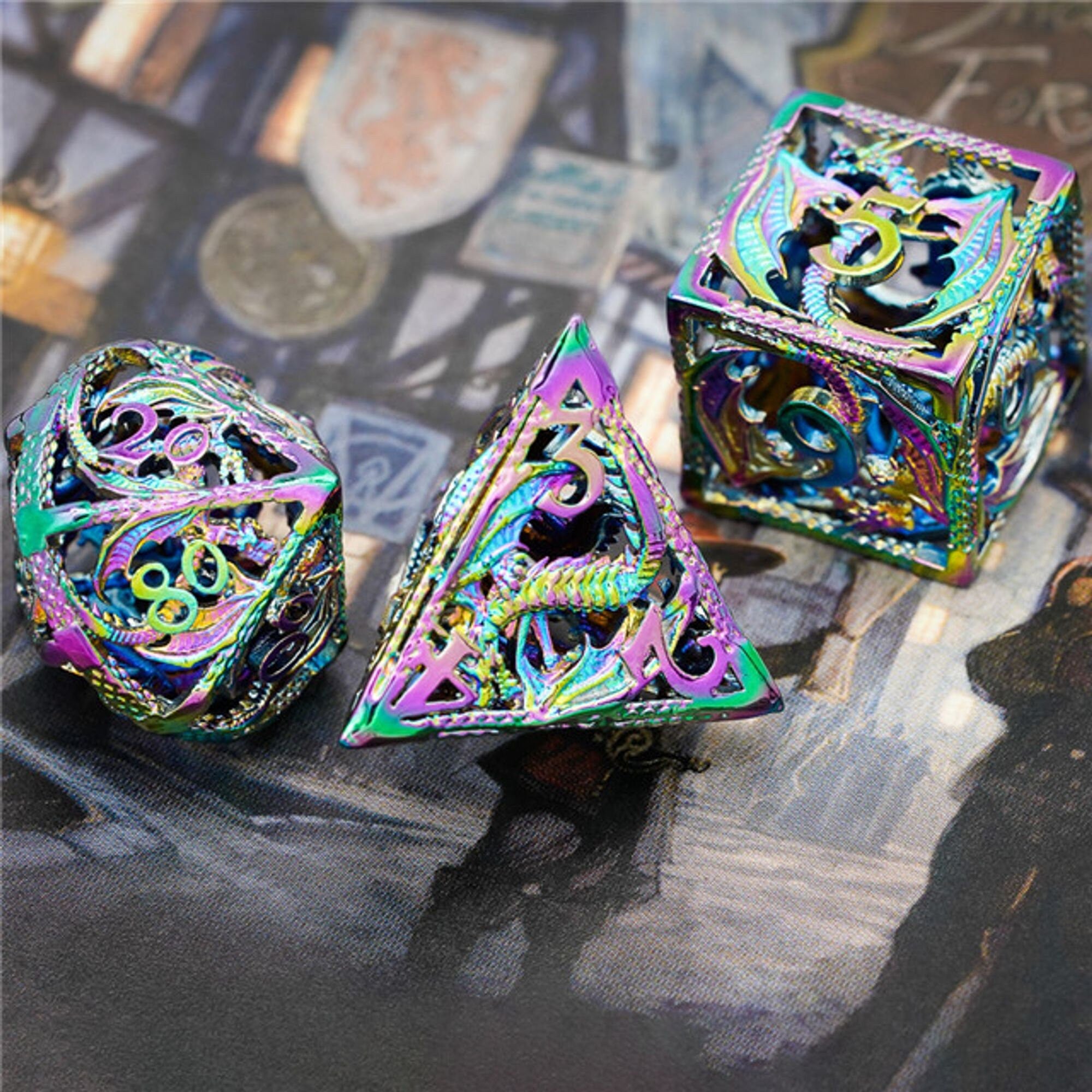 Hollow Holographic Draconic Flying Dragon Metal TTRPG/DND DICE SET - Dicemaniac