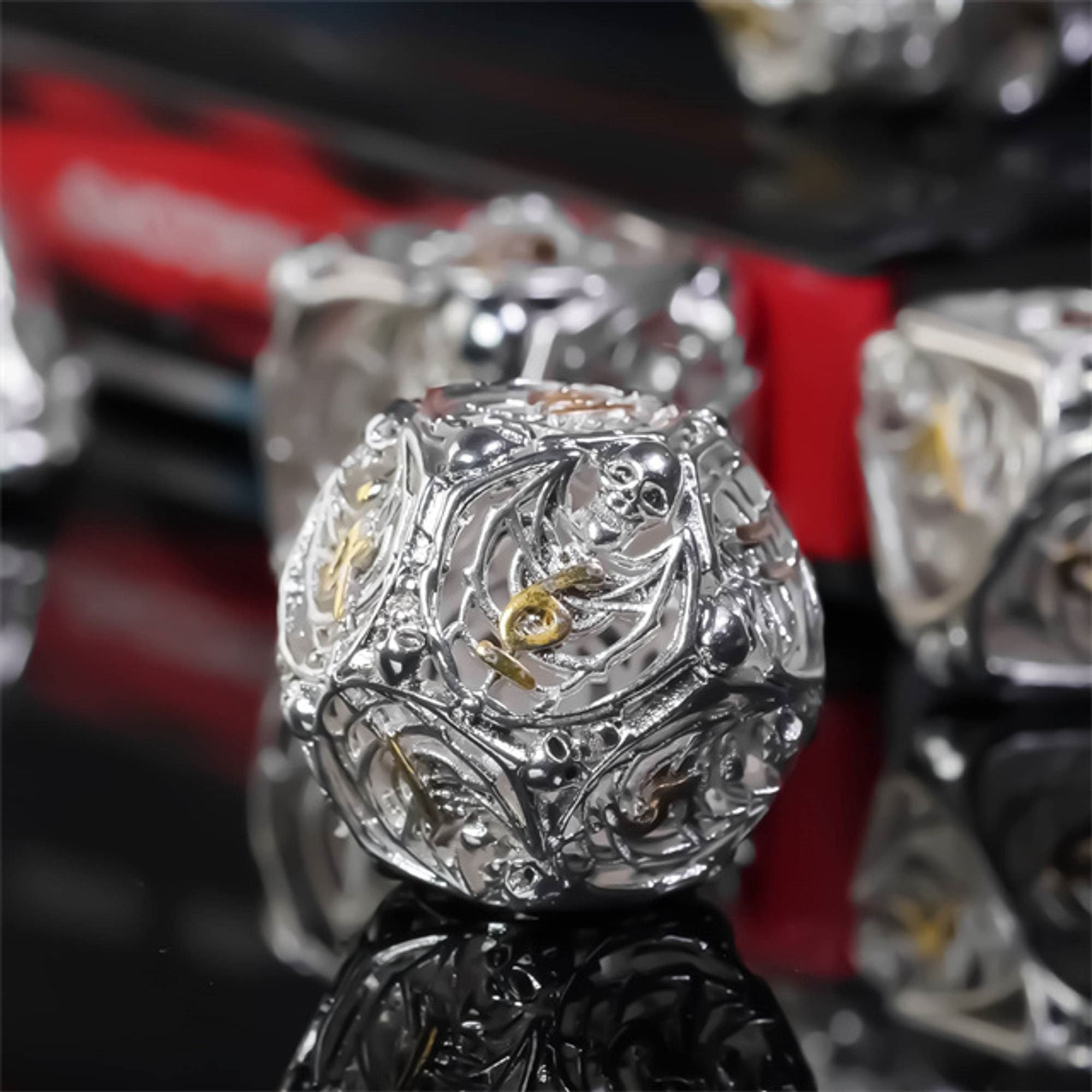 Hollow Deadly Bones Shiny Silver Metal DND/TTRPG Dice set - Dicemaniac
