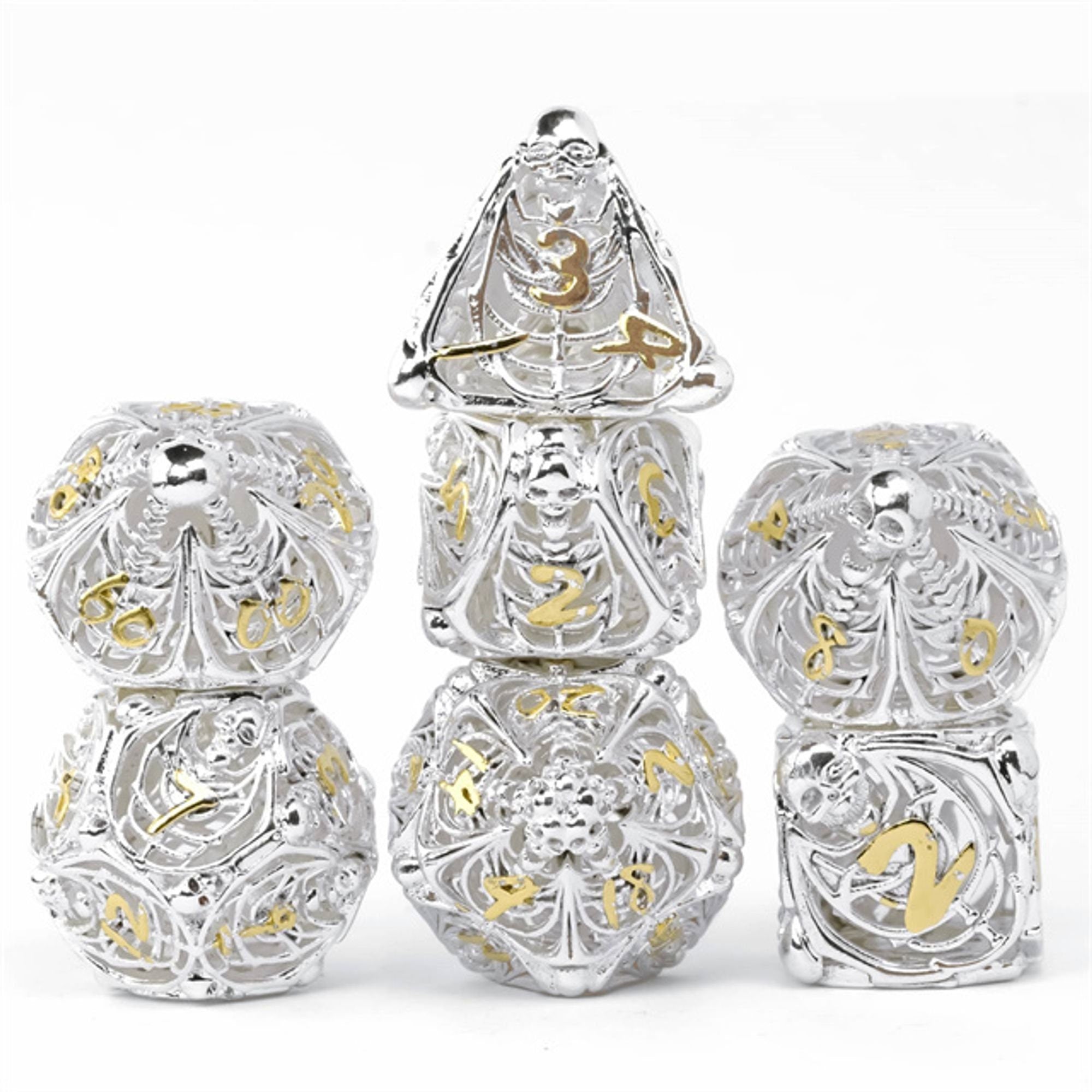Hollow Deadly Bones Shiny Silver Metal DND/TTRPG Dice set - Dicemaniac