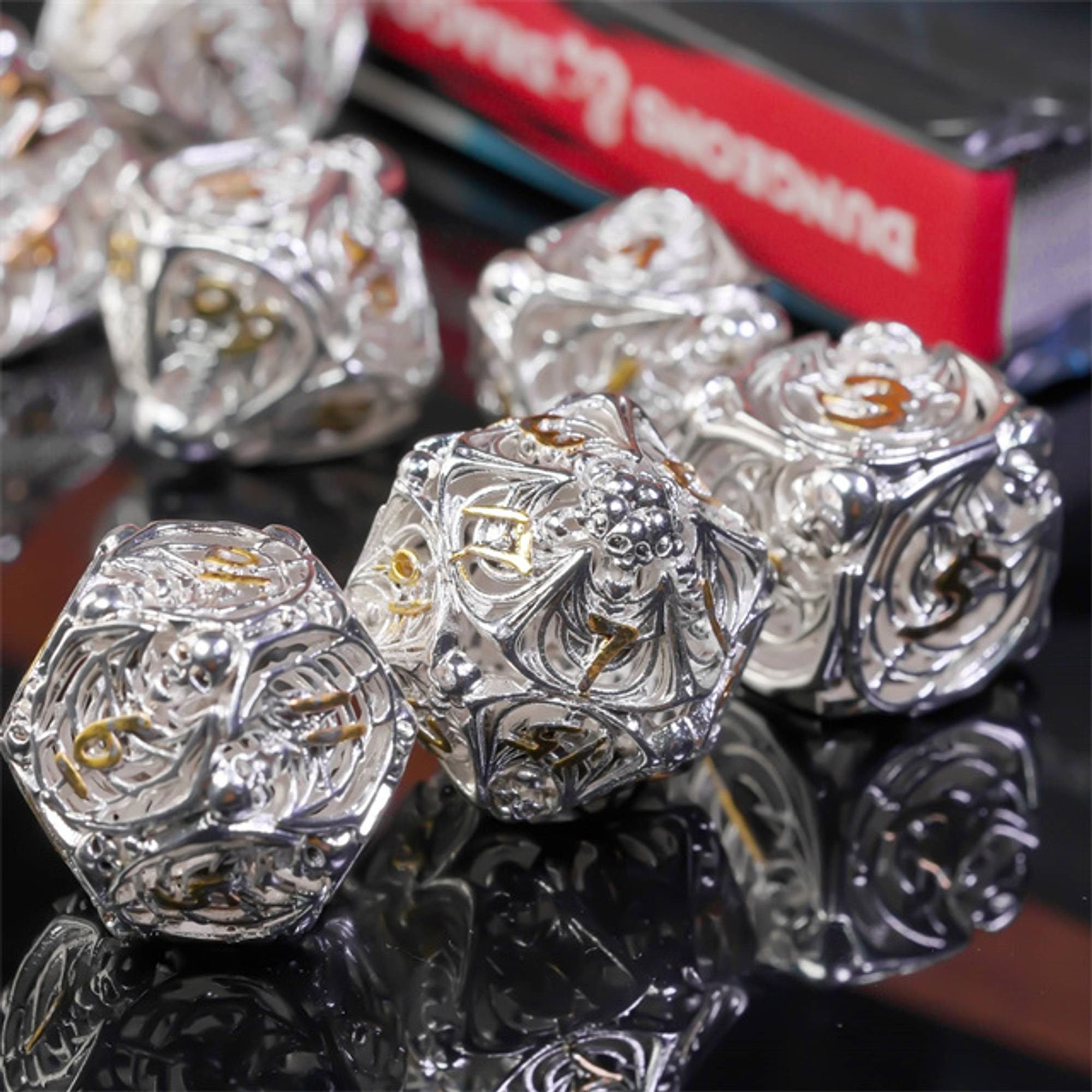 Hollow Deadly Bones Shiny Silver Metal DND/TTRPG Dice set - Dicemaniac