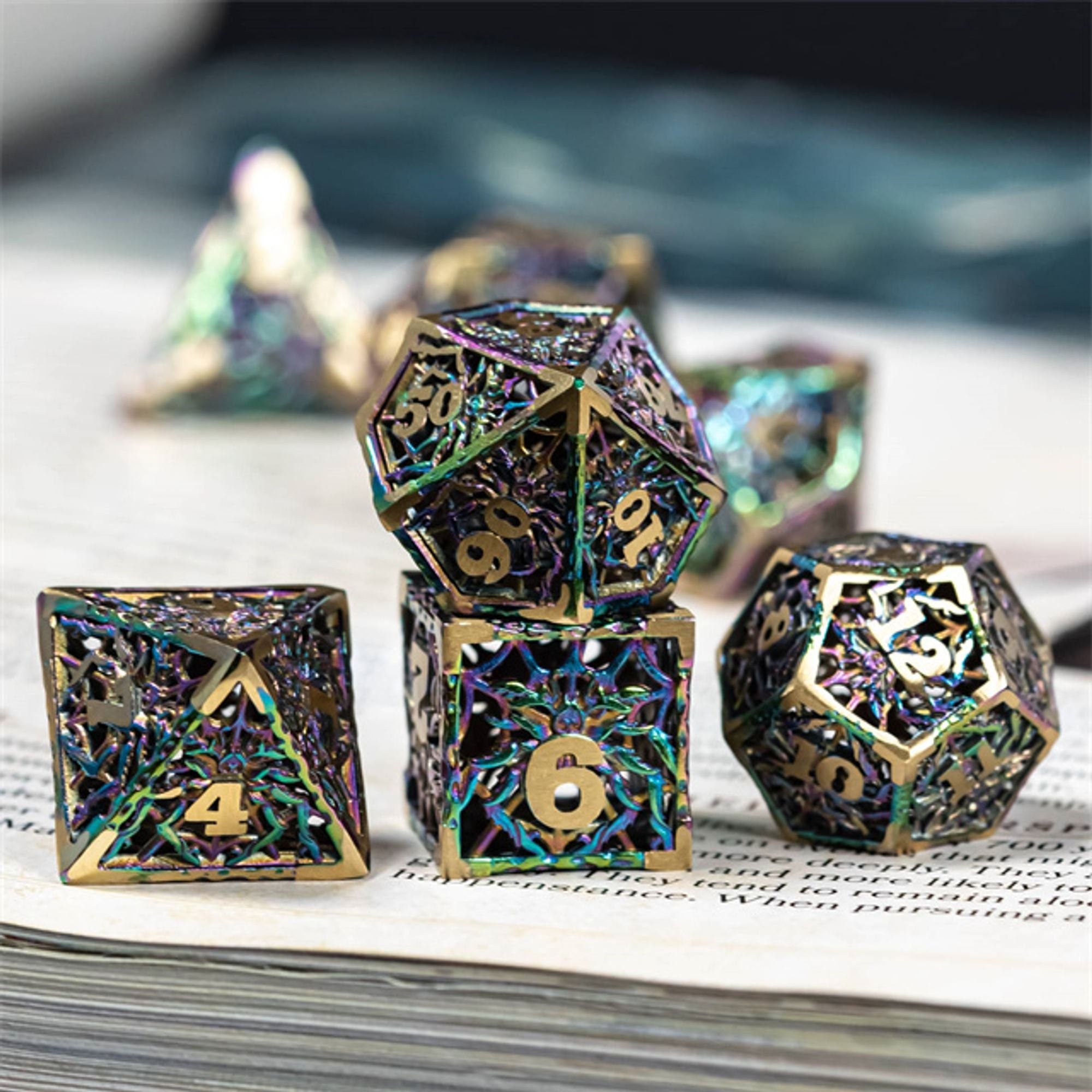 Fluorescent Rainbow Hollow Spider Metal DND/TTRPG Dice set - Dicemaniac
