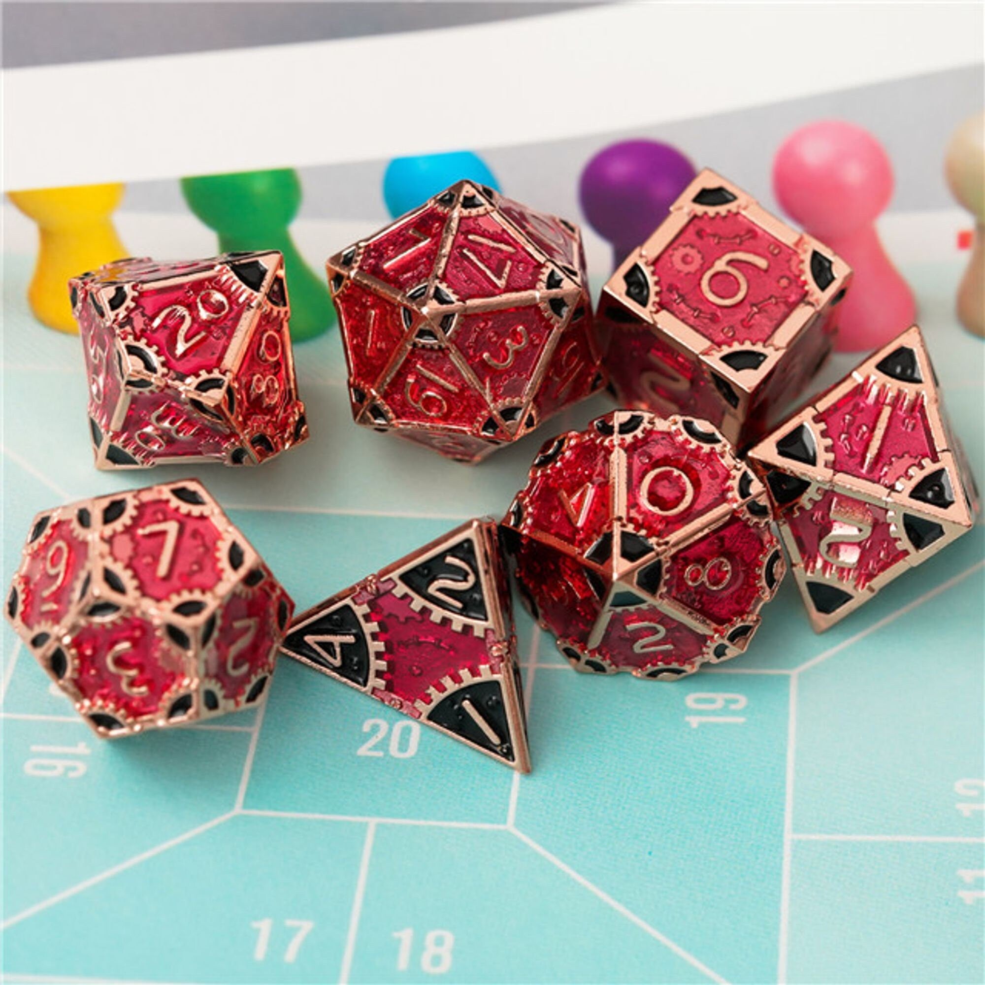 Steampunk Chaos Engine Red Metal Rogue Style DND/TTRPG Dice set - Dicemaniac