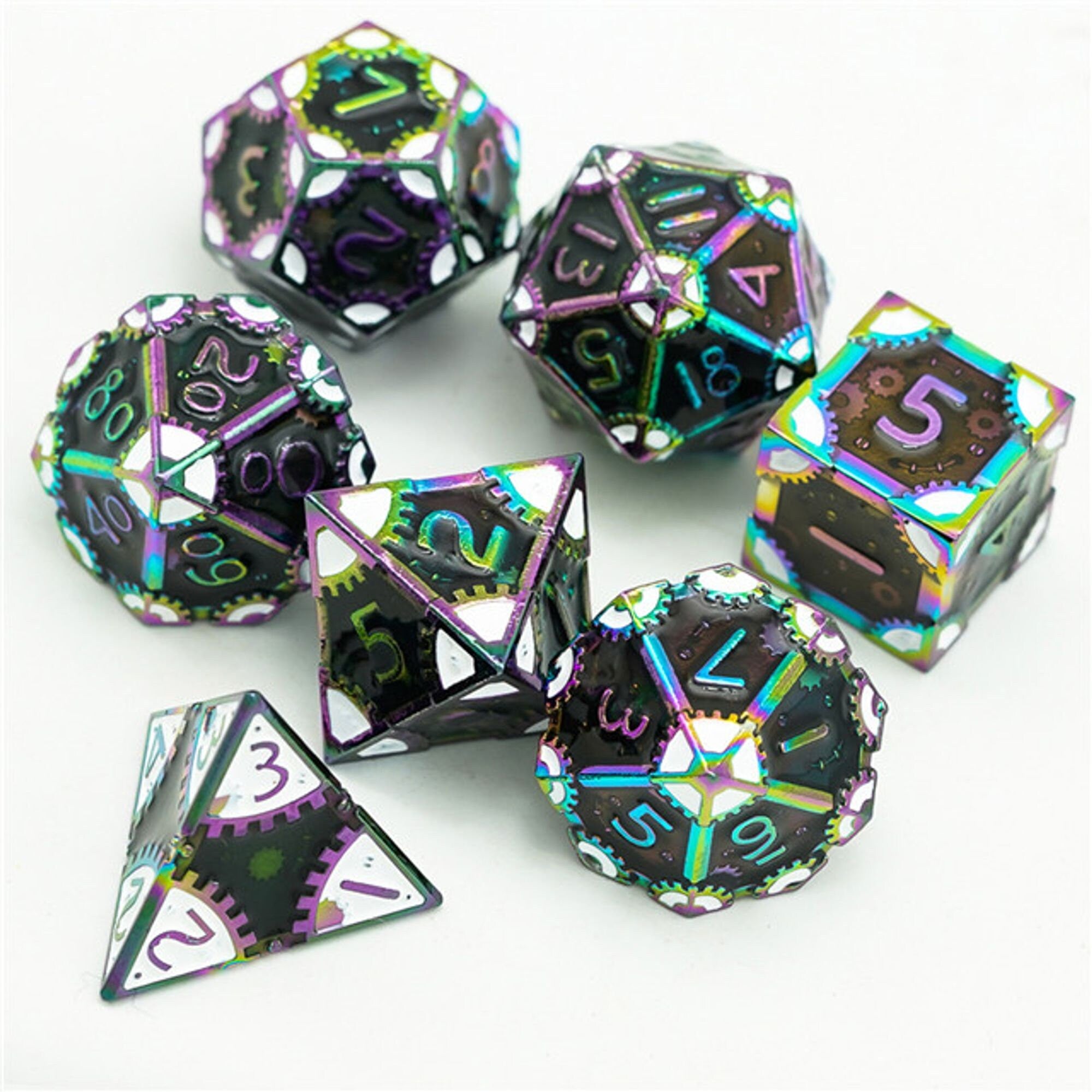 Steampunk Chaos Engine Fluorescent Metal DND/TTRPG DICE SET - Dicemaniac