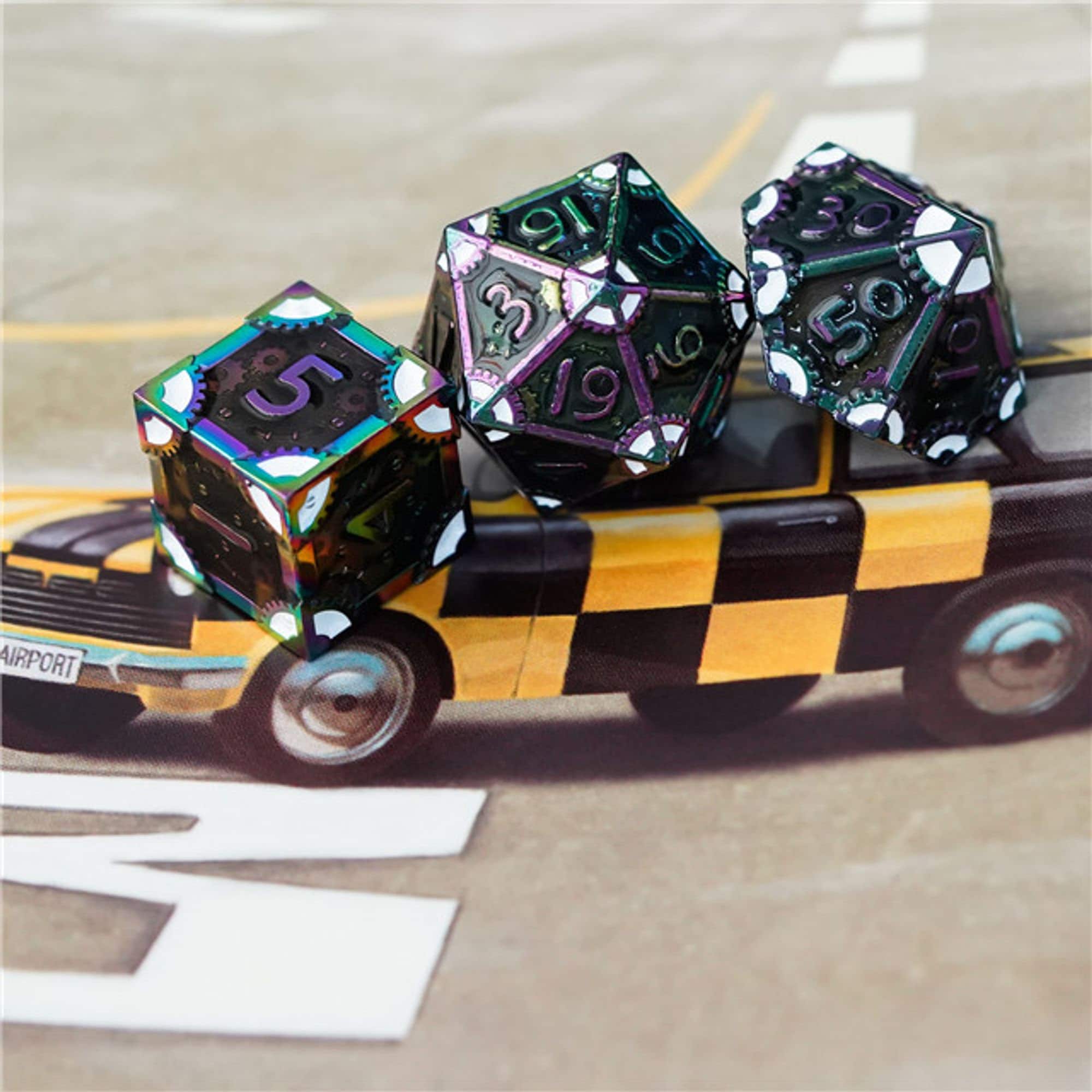 Steampunk Chaos Engine Fluorescent Metal DND/TTRPG DICE SET - Dicemaniac