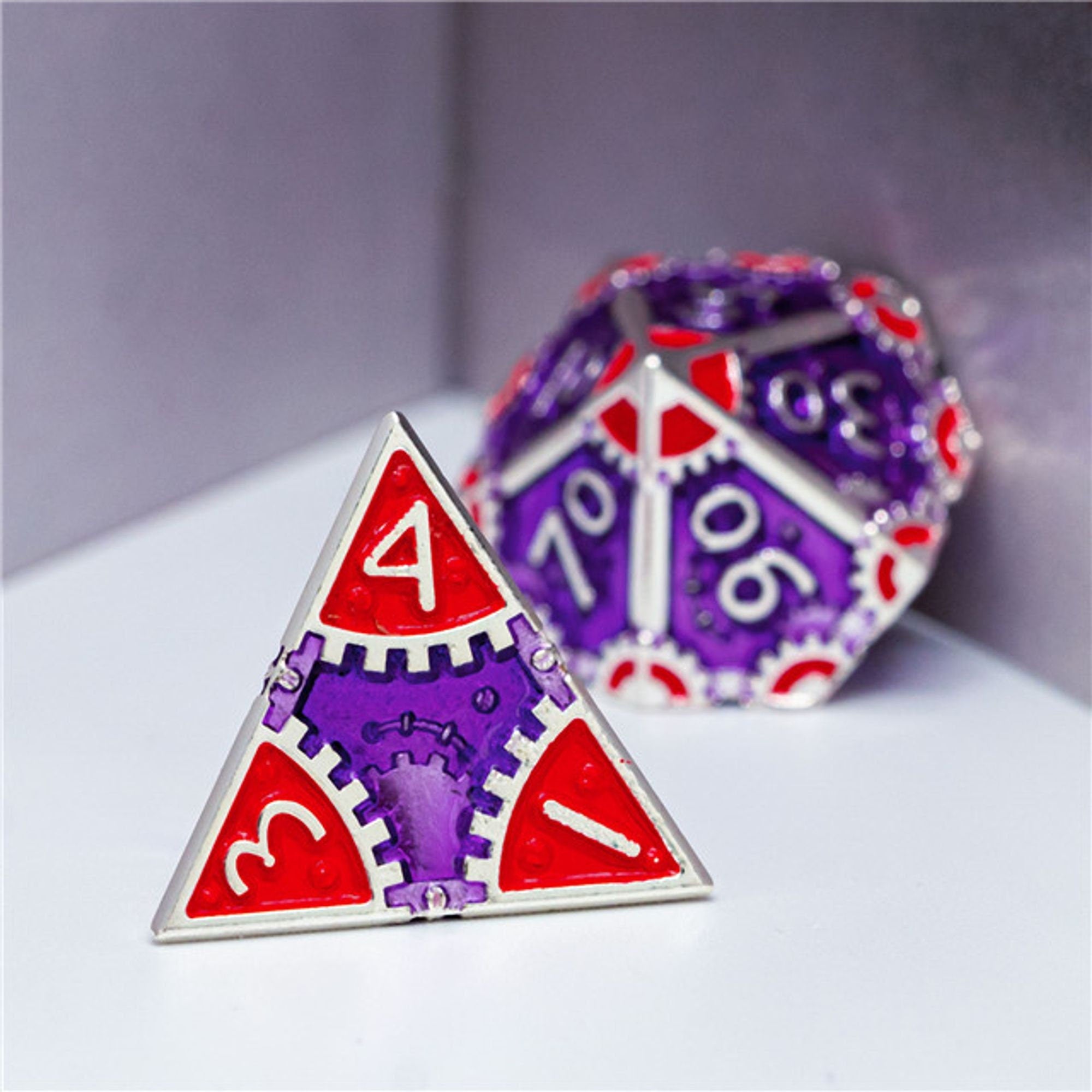 Steampunk Chaos Engine Purple and Red Metal Rogue Style DND/TTRPG Dice set - Dicemaniac