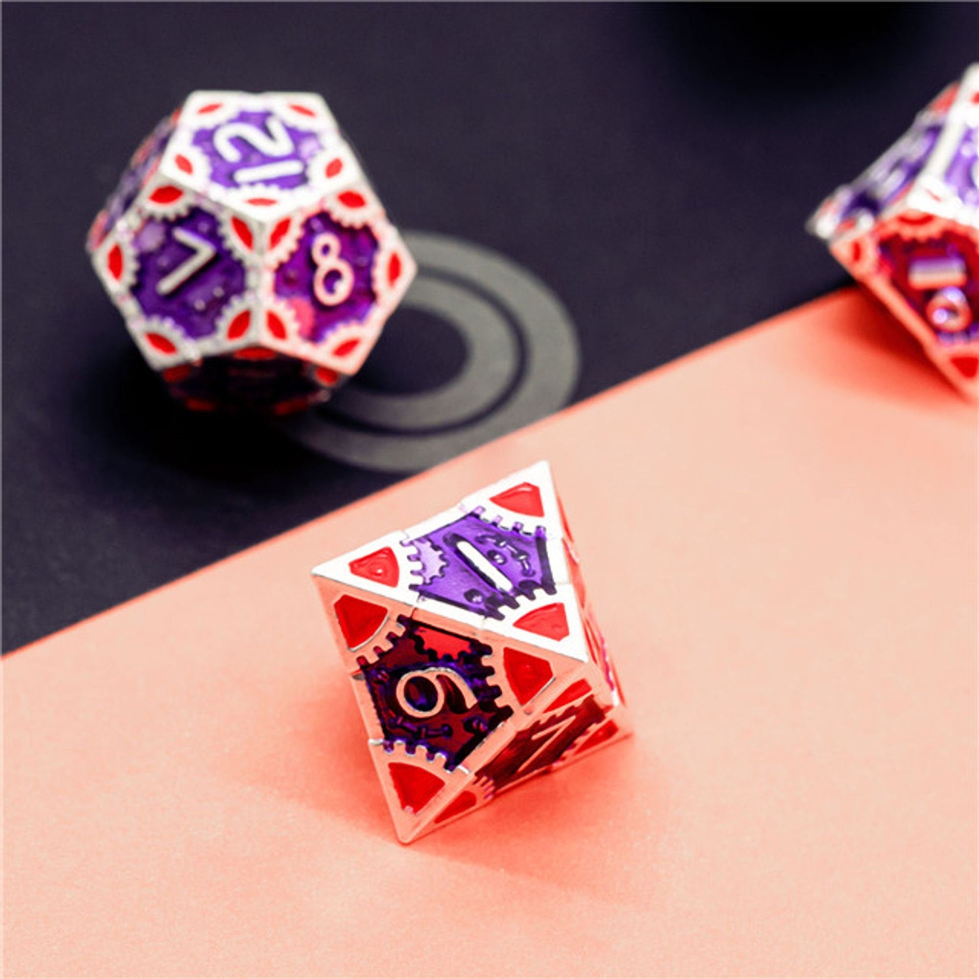 Steampunk Chaos Engine Purple and Red Metal Rogue Style DND/TTRPG Dice set - Dicemaniac