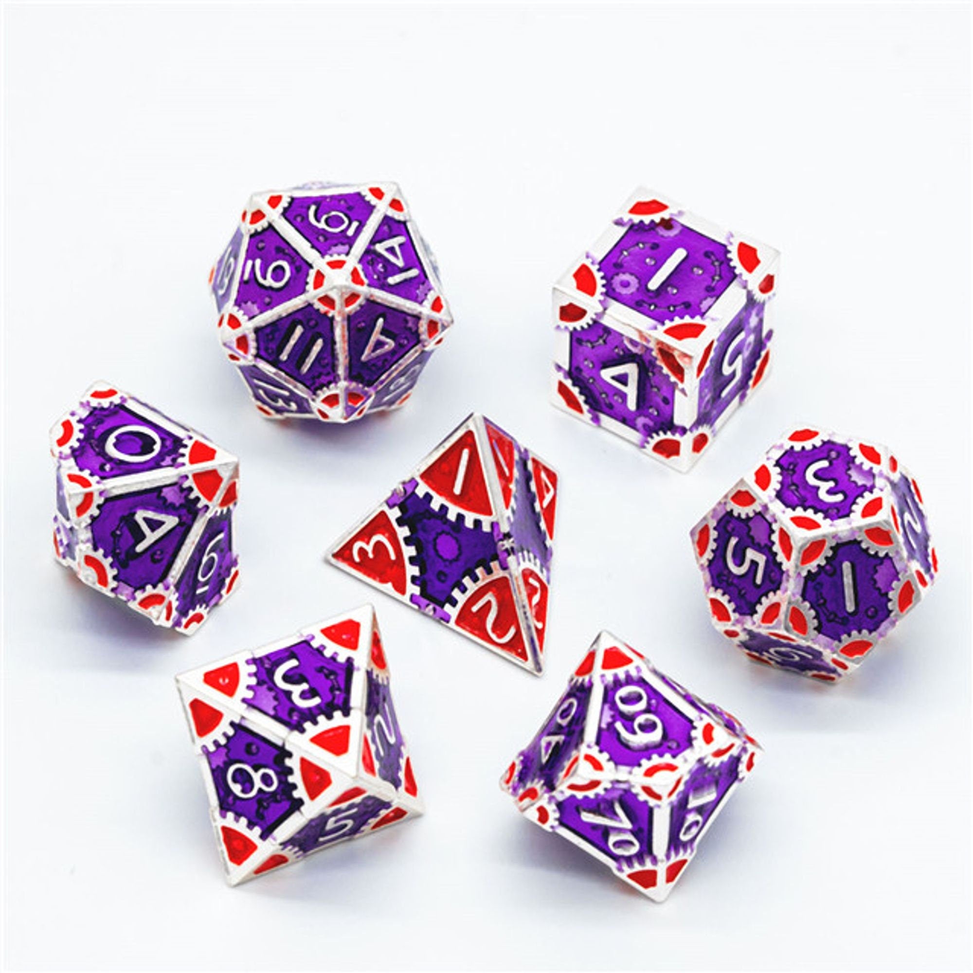 Steampunk Chaos Engine Purple and Red Metal Rogue Style DND/TTRPG Dice set - Dicemaniac