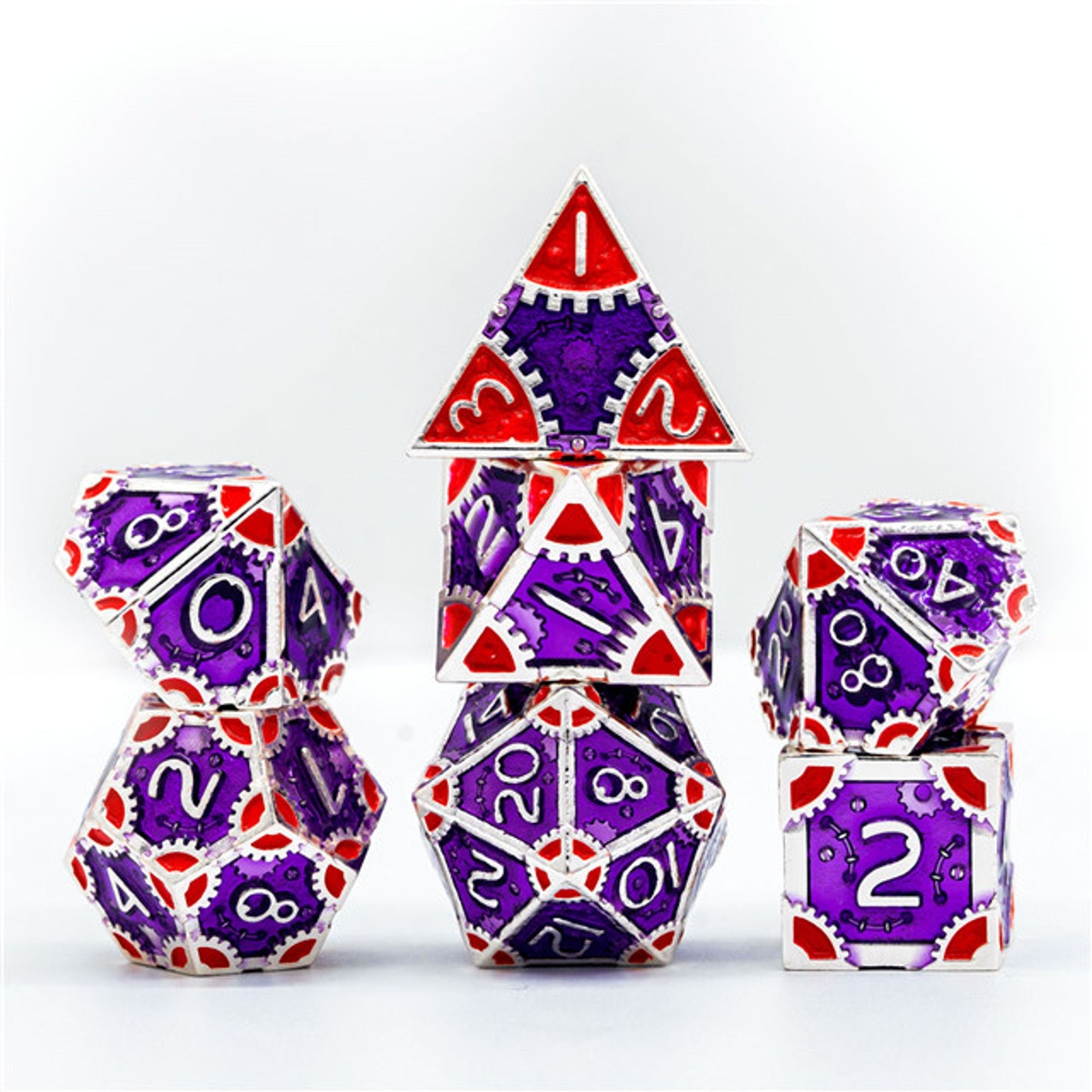 Steampunk Chaos Engine Purple and Red Metal Rogue Style DND/TTRPG Dice set - Dicemaniac