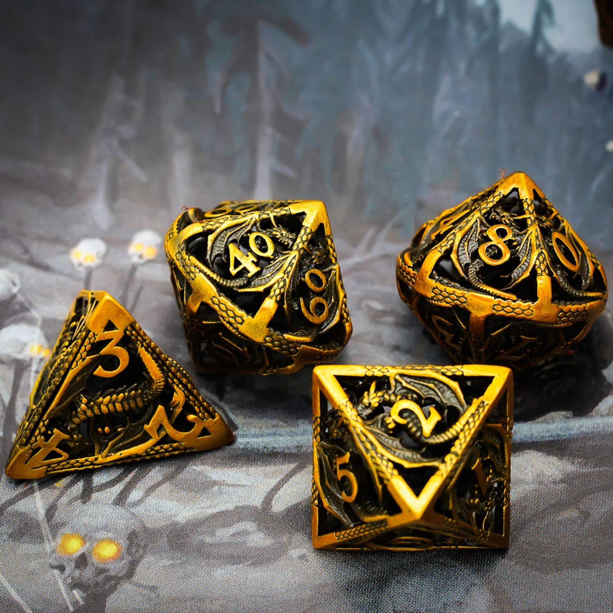 Hollow Aged Golden Draconic Flying Dragon Metal DND/TTRPG Dice set - Dicemaniac