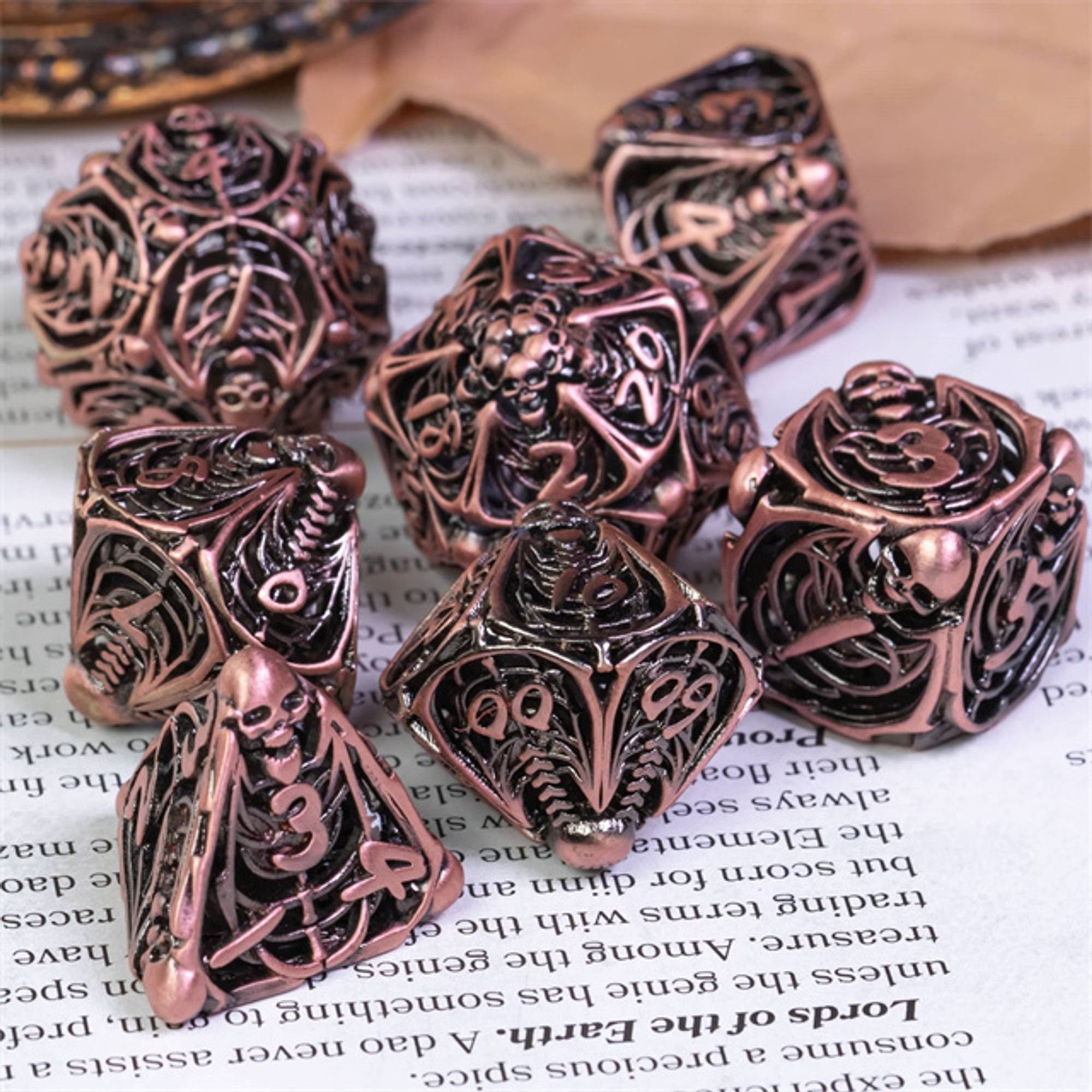 Hollow Deadly Bones Copper Metal DND/TTRPG Dice set - Dicemaniac
