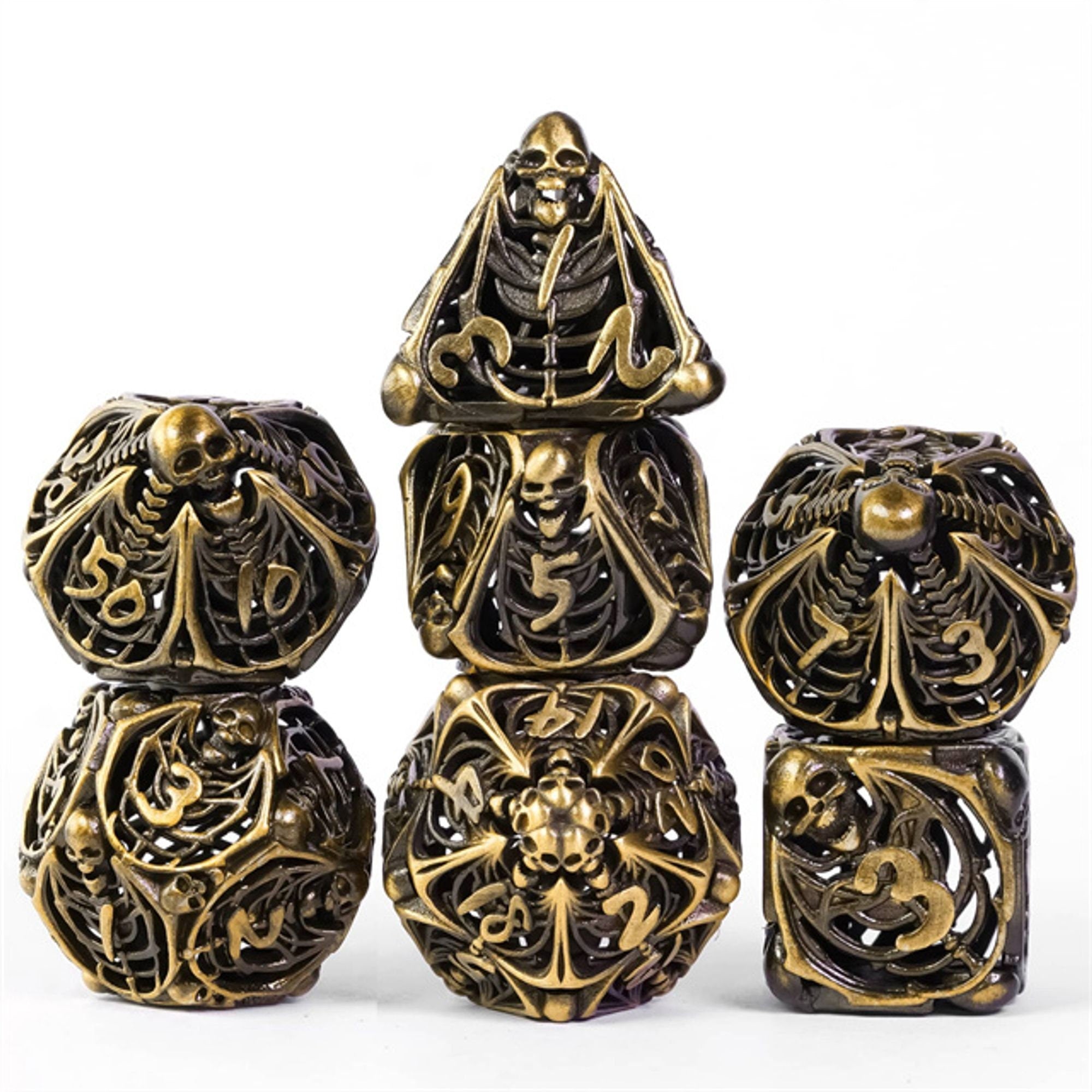 Hollow Deadly Bones Aged Golden Metal DND/TTRPG Dice set - Dicemaniac