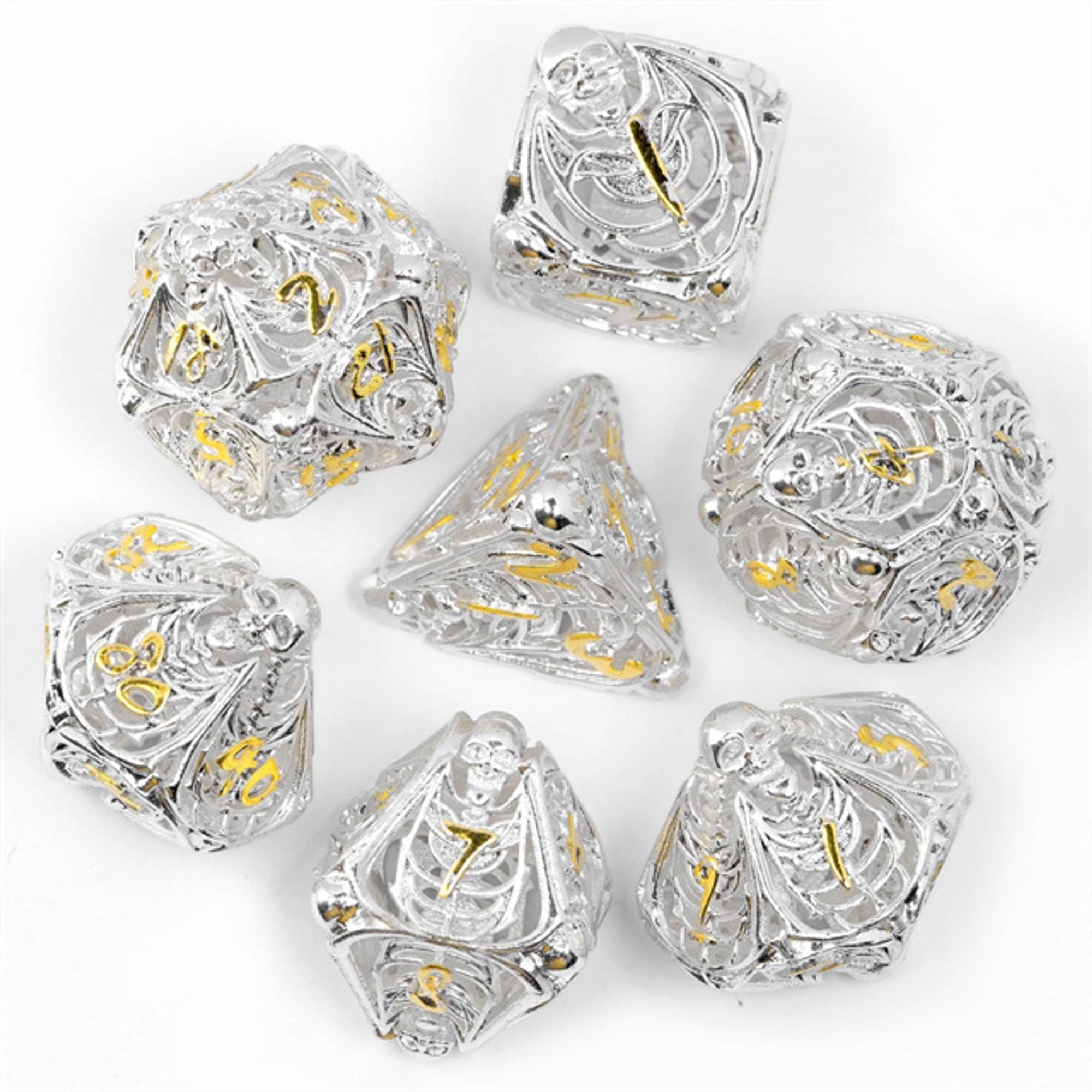 Hollow Deadly Bones Shiny Silver Metal DND/TTRPG Dice set - Dicemaniac