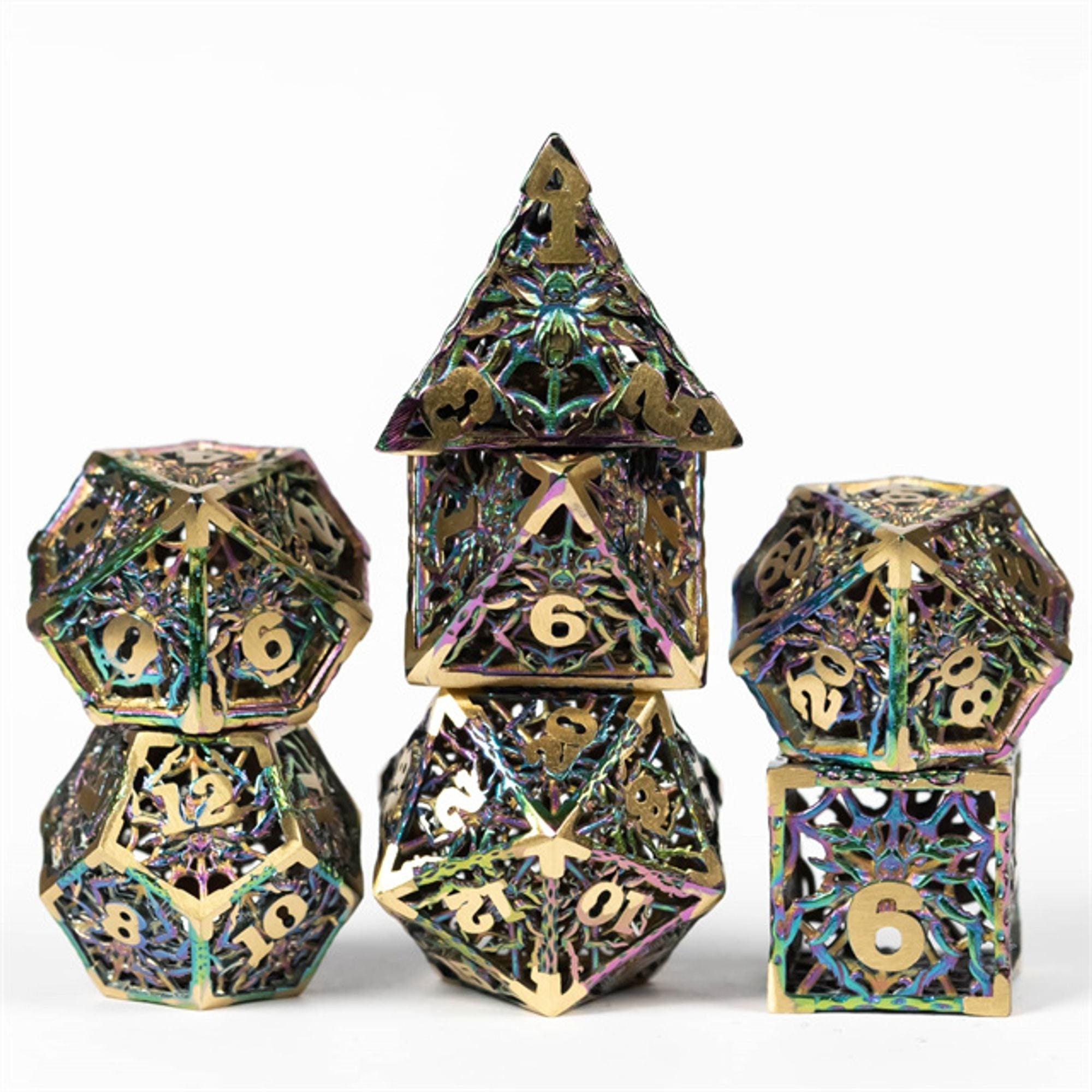 Fluorescent Rainbow Hollow Spider Metal DND/TTRPG Dice set - Dicemaniac