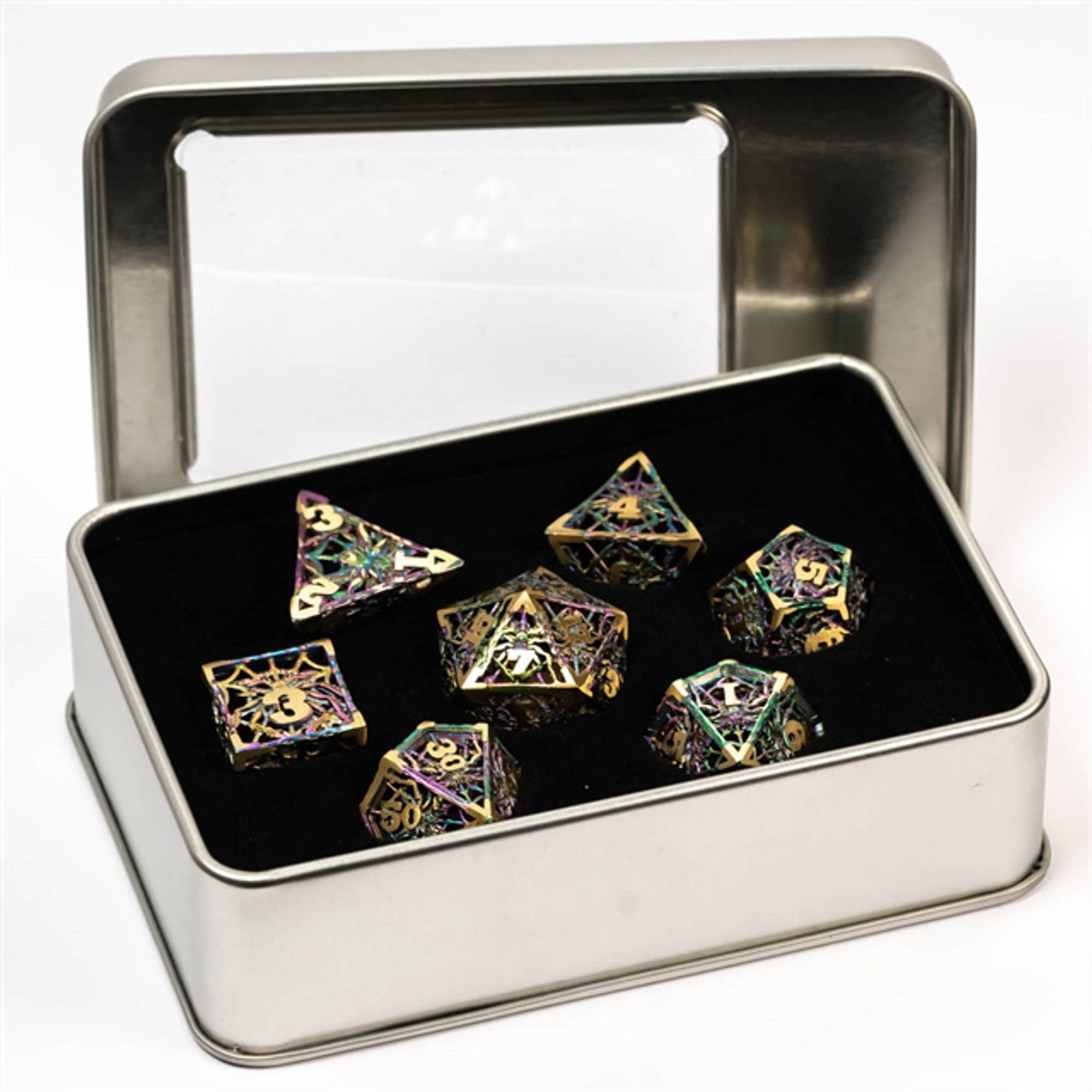 Fluorescent Rainbow Hollow Spider Metal DND/TTRPG Dice set - Dicemaniac