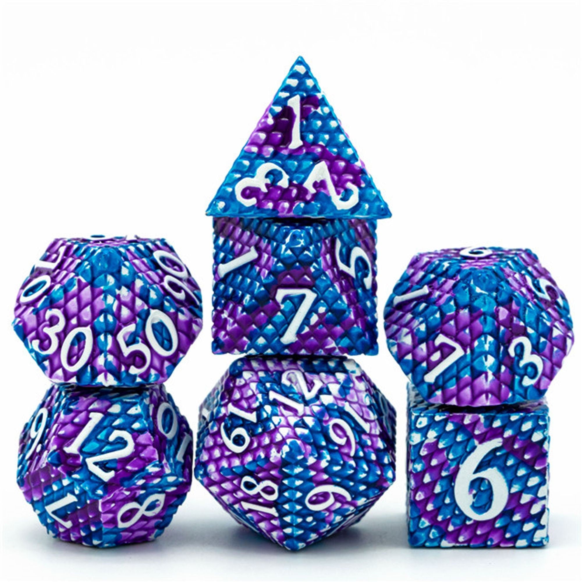 Dragon Blue Purple Metal Scaled Style DND/TTRPG Dice set - Dicemaniac