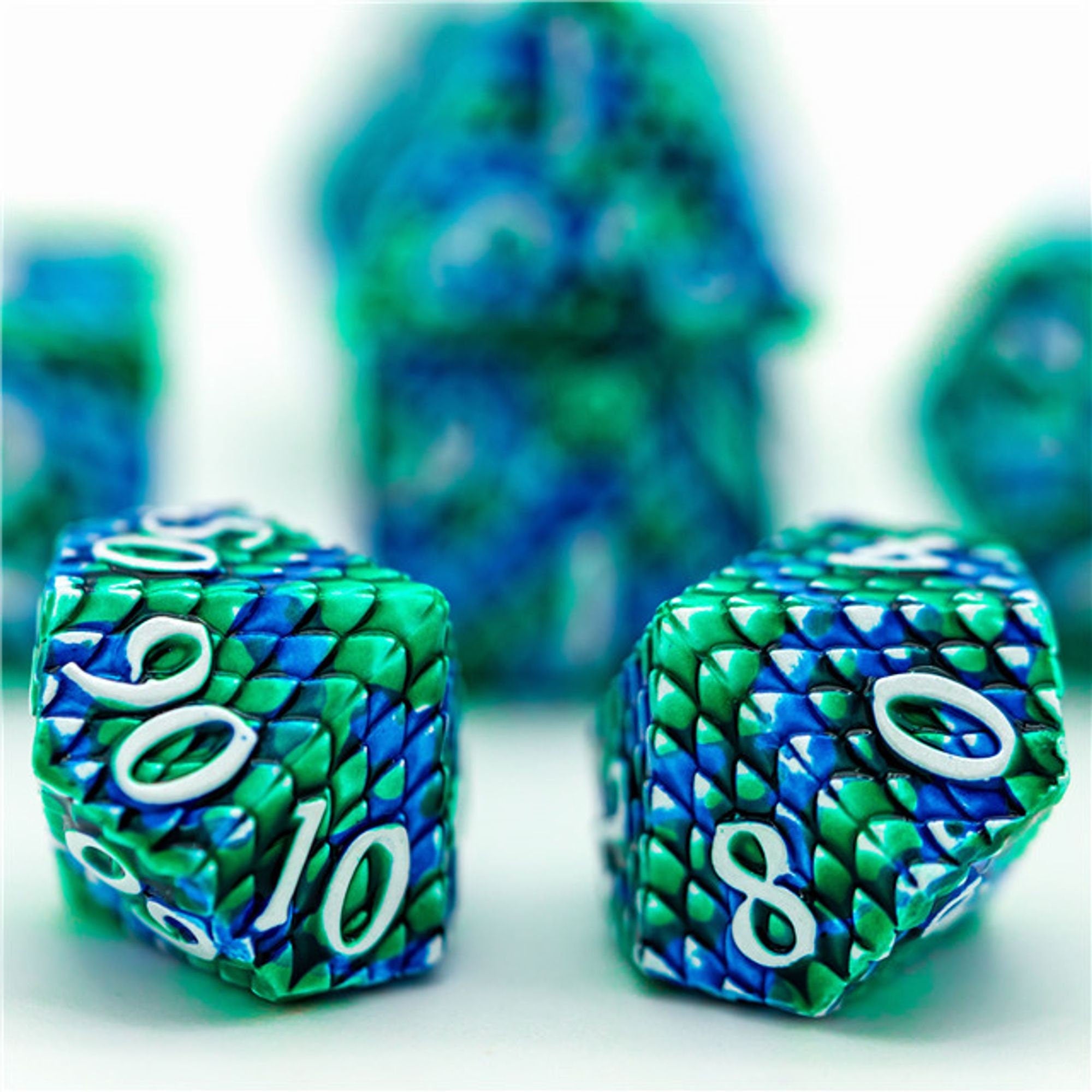 Dragon Green Blue Metal Scaled Style DND/TTRPG Dice set - Dicemaniac