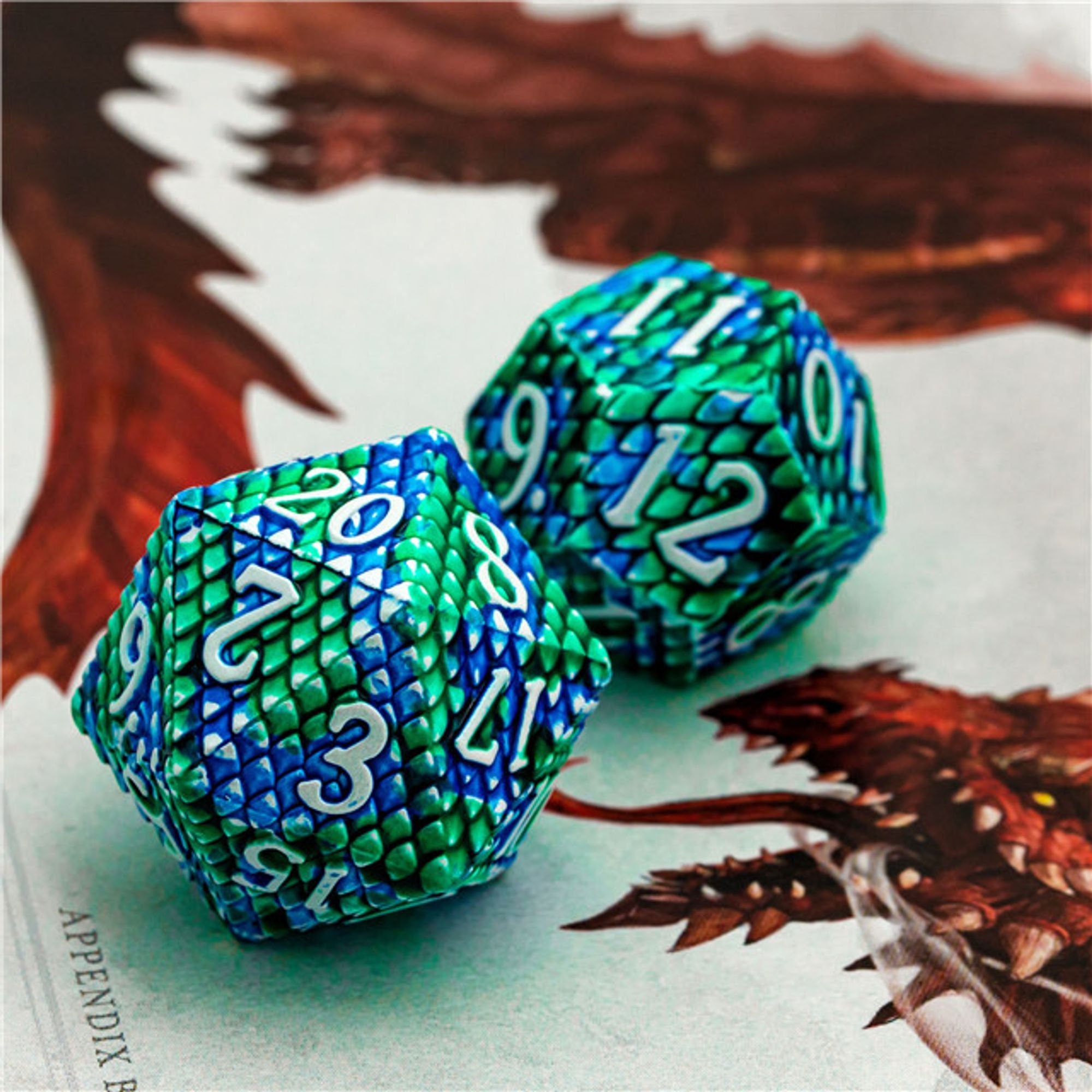 Dragon Green Blue Metal Scaled Style DND/TTRPG Dice set - Dicemaniac