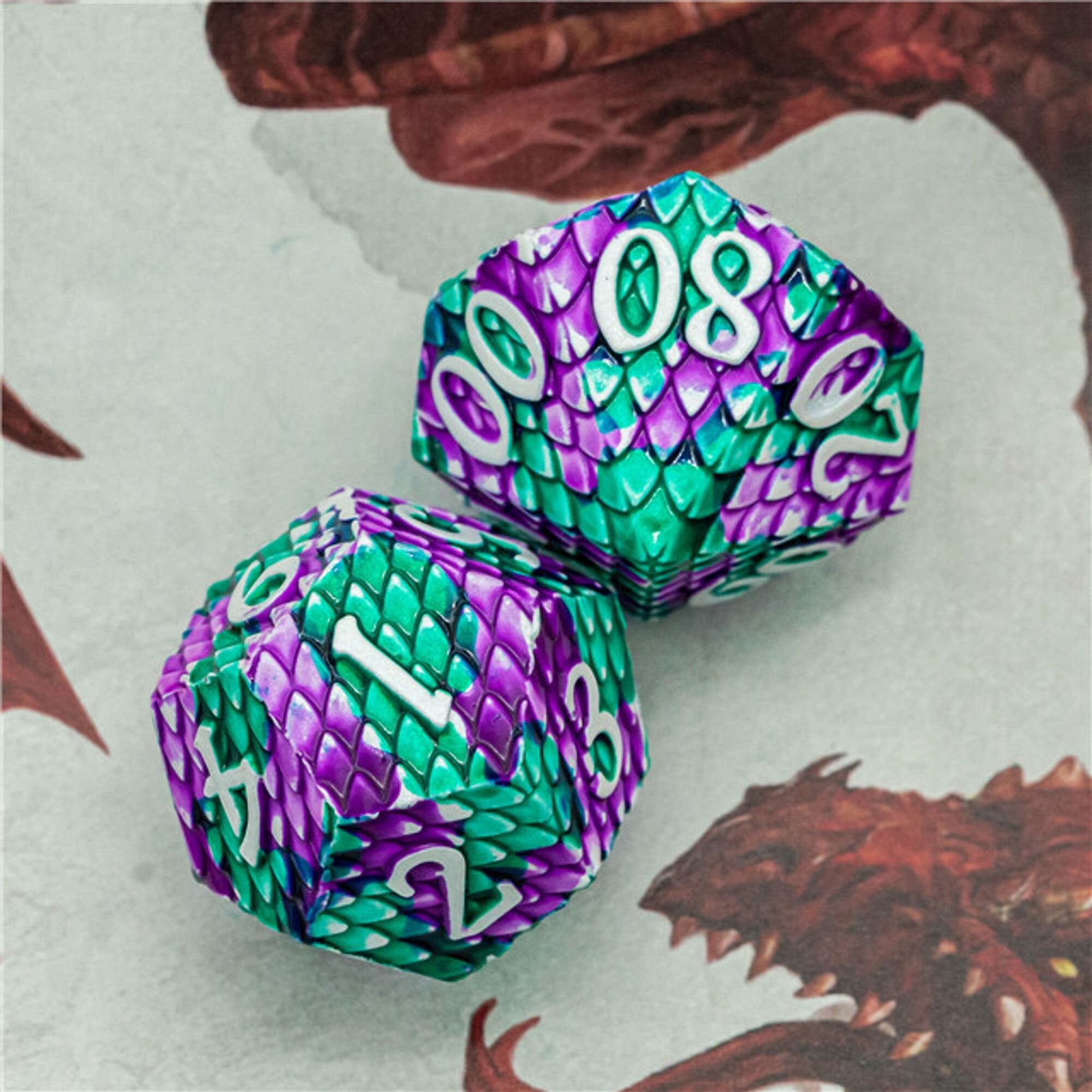 Dragon Green Purple Metal Scaled Style DND/TTRPG Dice set - Dicemaniac