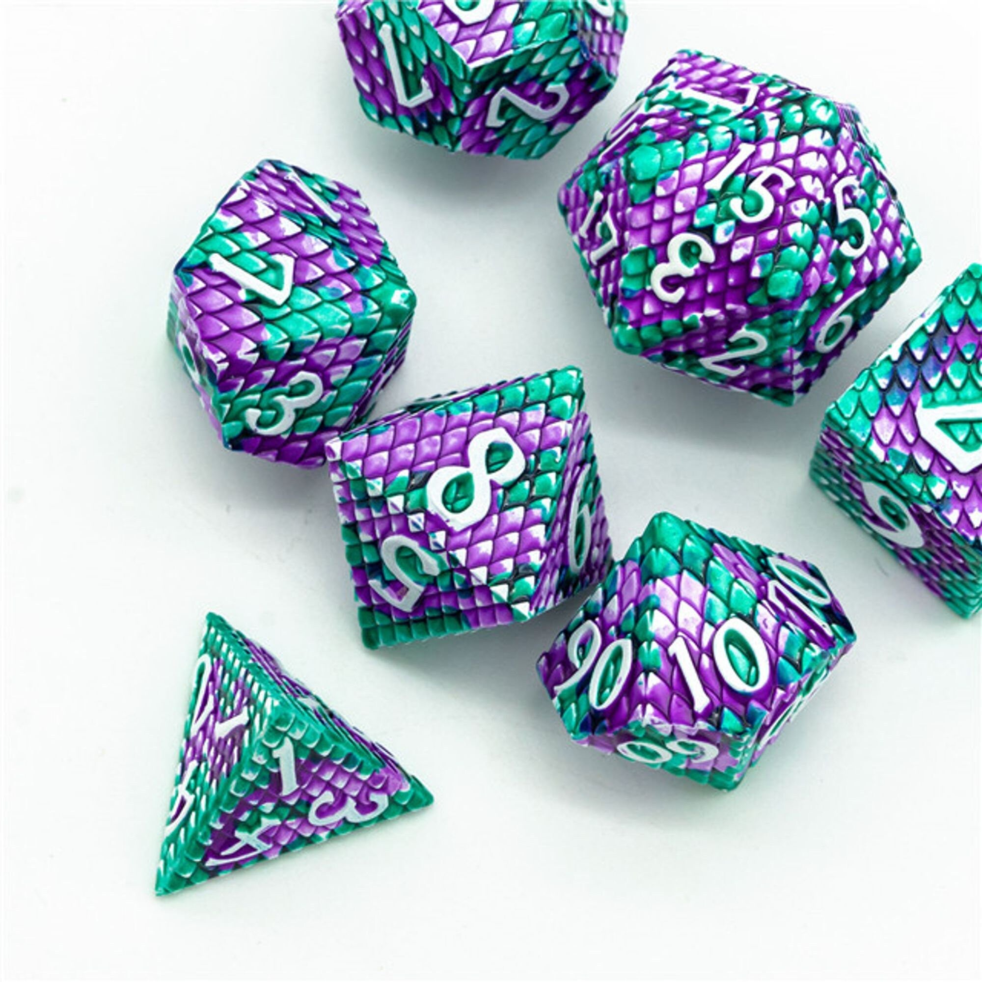 Dragon Green Purple Metal Scaled Style DND/TTRPG Dice set - Dicemaniac