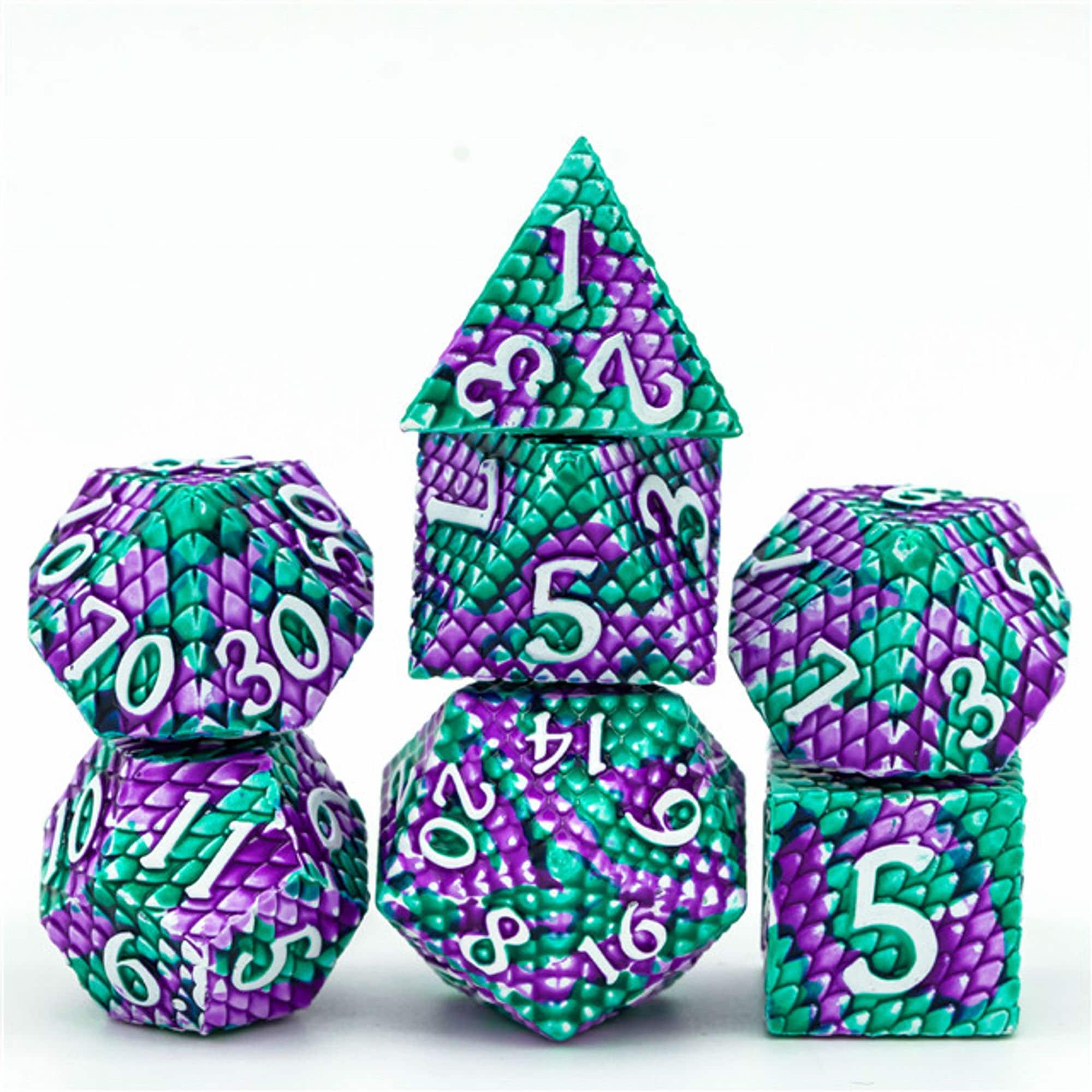 Dragon Green Purple Metal Scaled Style DND/TTRPG Dice set - Dicemaniac