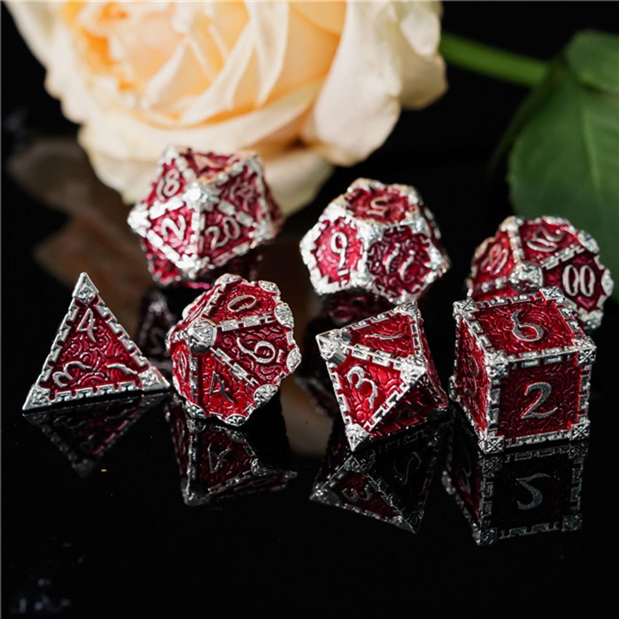 Dagger of Venom Royal Red Metal Rogue Style DND/TTRPG Dice set - Dicemaniac