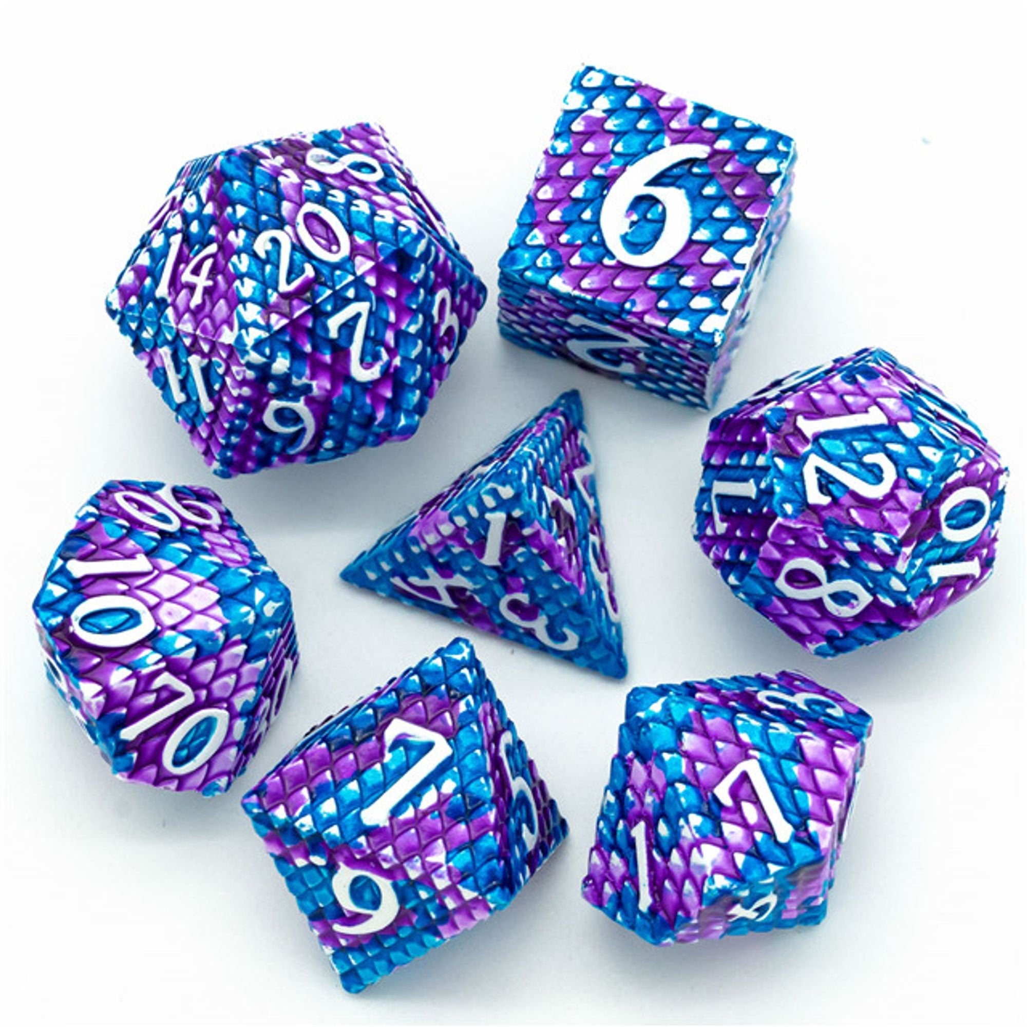 Dragon Blue Purple Metal Scaled Style DND/TTRPG Dice set - Dicemaniac