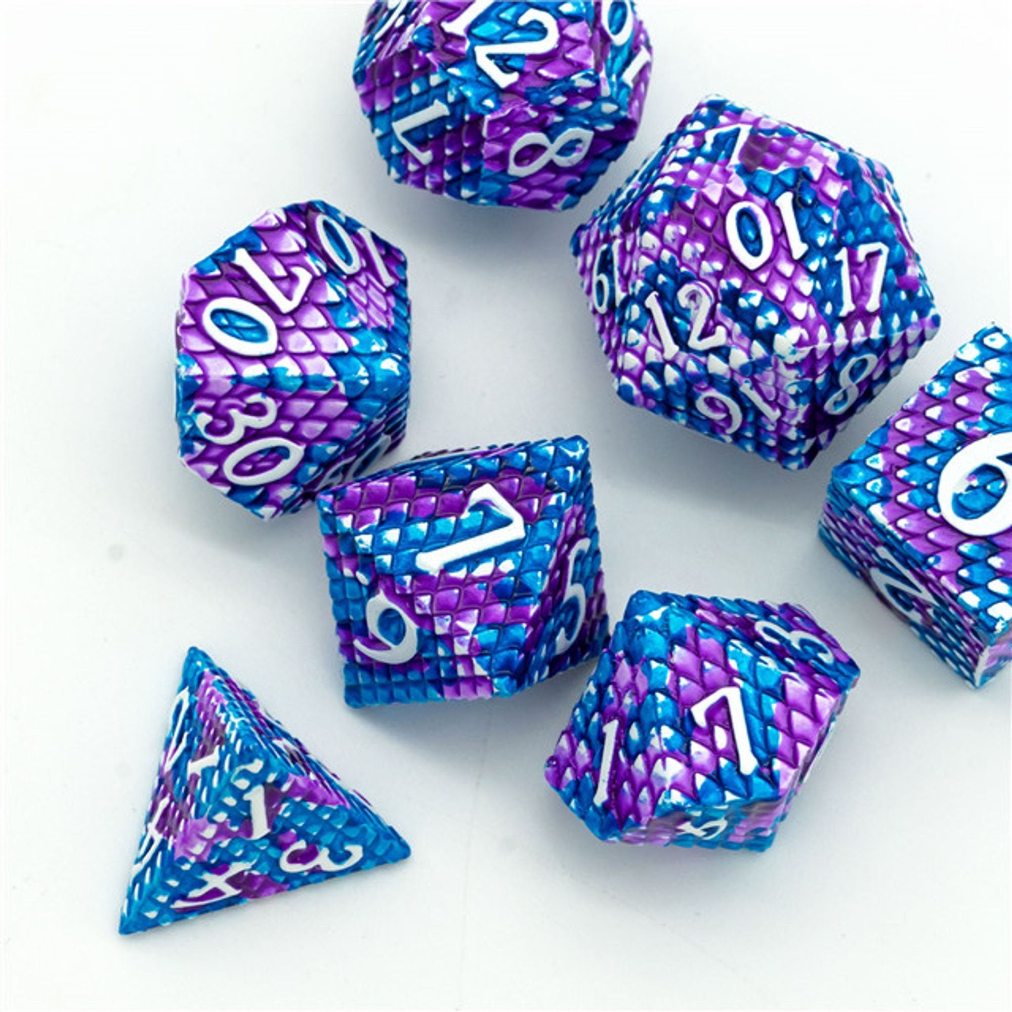 Dragon Blue Purple Metal Scaled Style DND/TTRPG Dice set - Dicemaniac