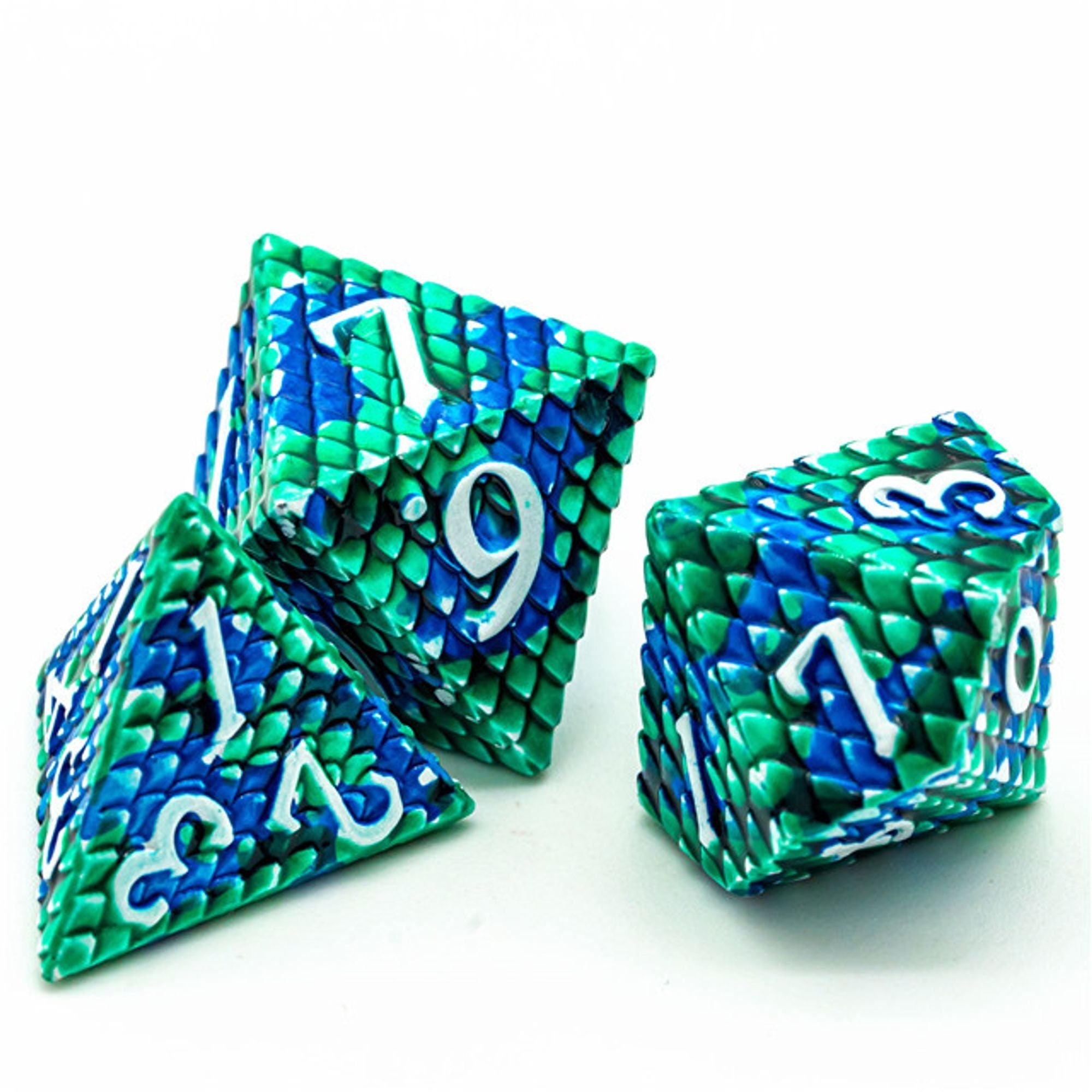 Dragon Green Blue Metal Scaled Style DND/TTRPG Dice set - Dicemaniac