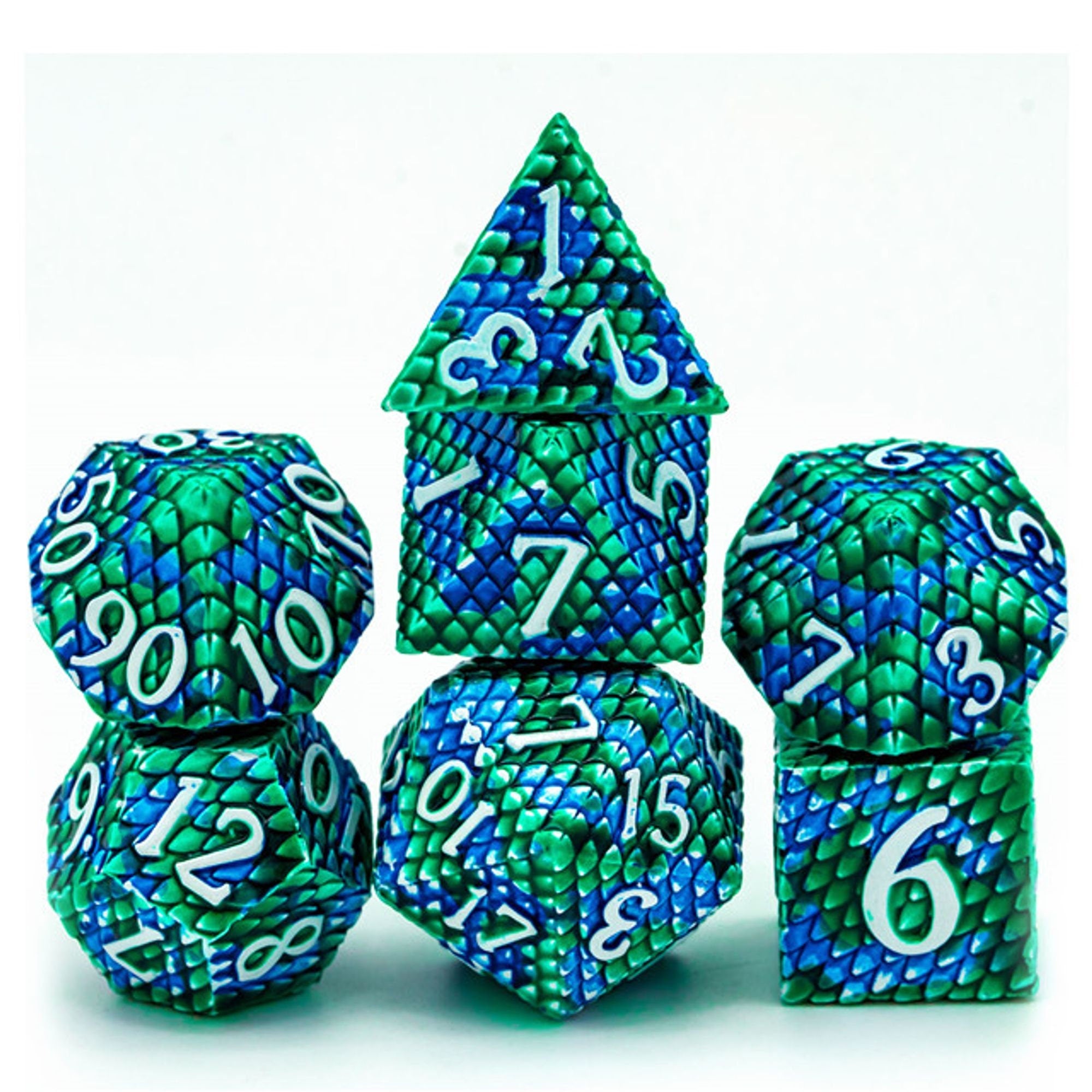 Dragon Green Blue Metal Scaled Style DND/TTRPG Dice set - Dicemaniac