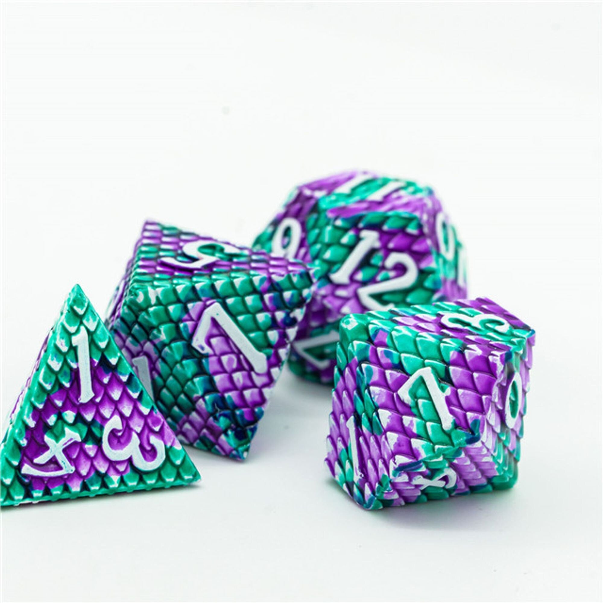 Dragon Green Purple Metal Scaled Style DND/TTRPG Dice set - Dicemaniac