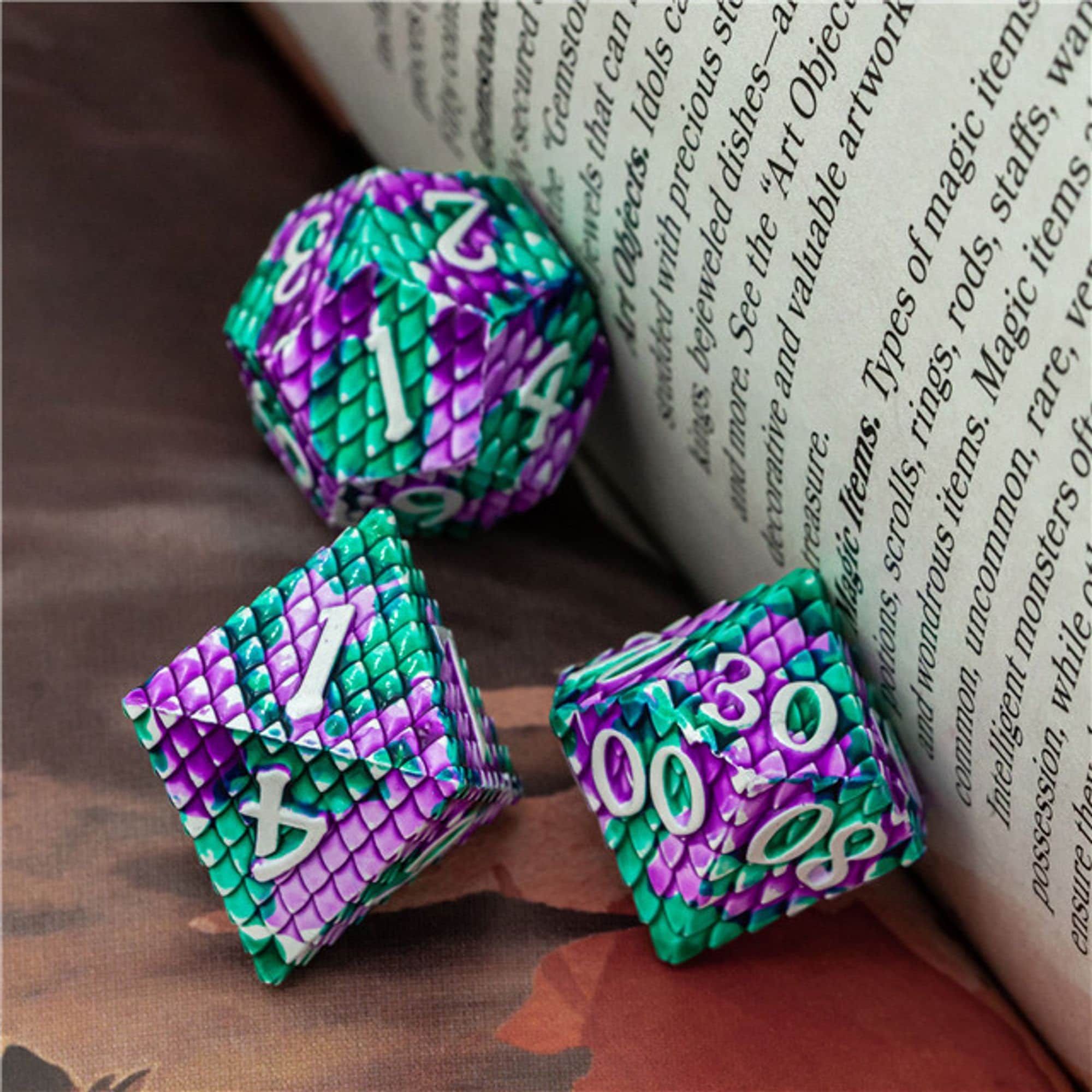 Dragon Green Purple Metal Scaled Style DND/TTRPG Dice set - Dicemaniac