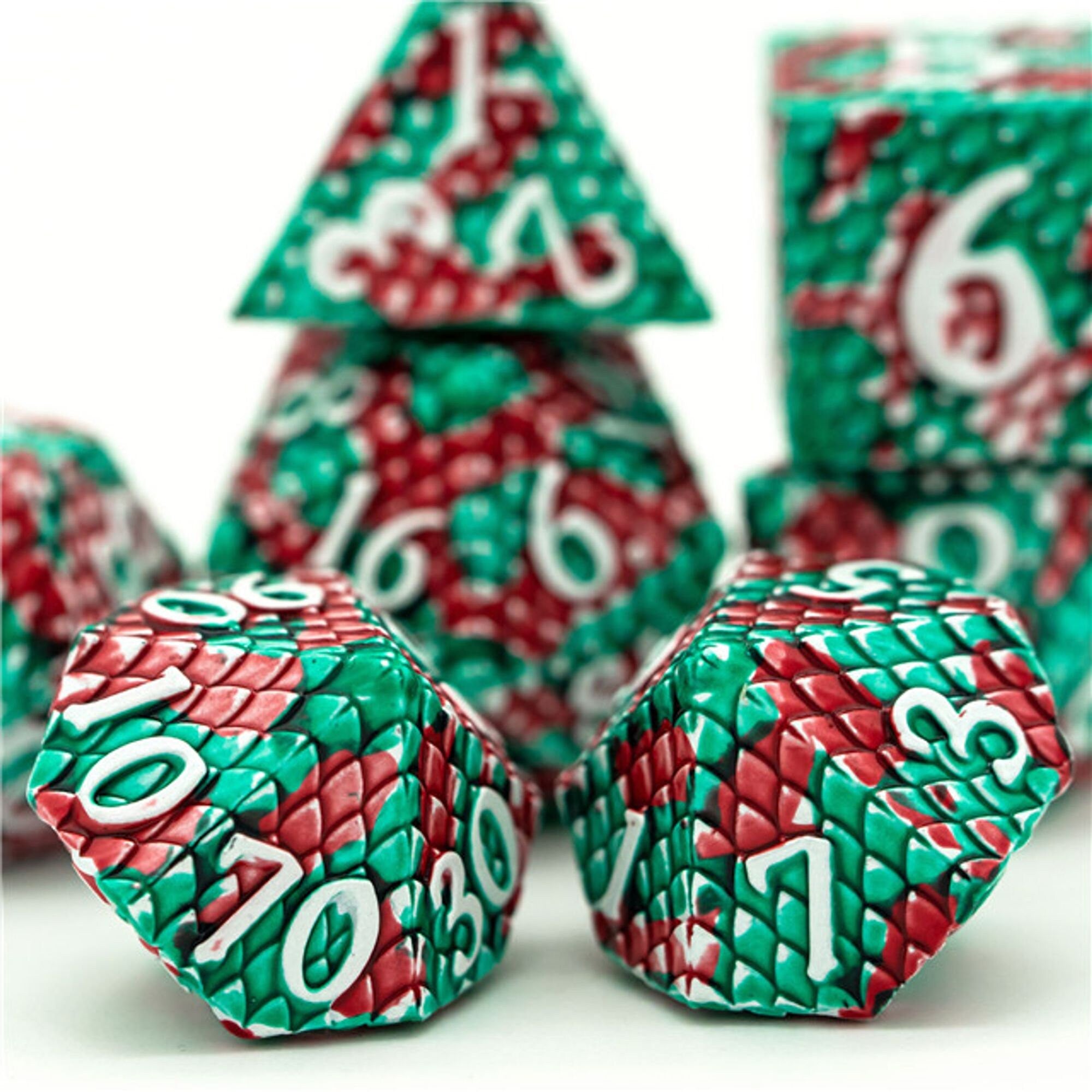 Dragon Blooded Green Metal Scaled Style DND/TTRPG Dice set - Dicemaniac
