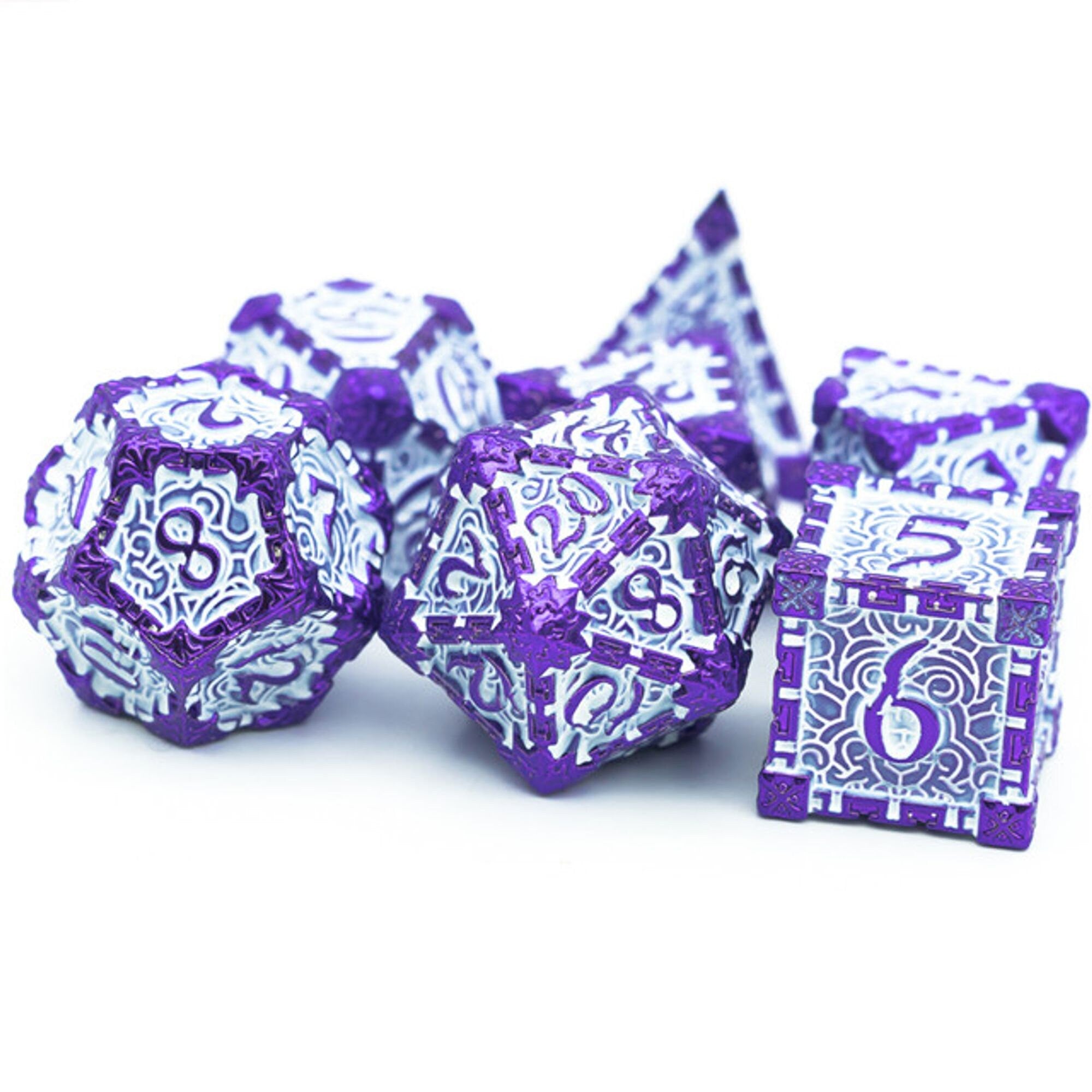 Dagger of Venom Royal Purple and White Metal Rogue Style DND/TTRPG Dice set - Dicemaniac