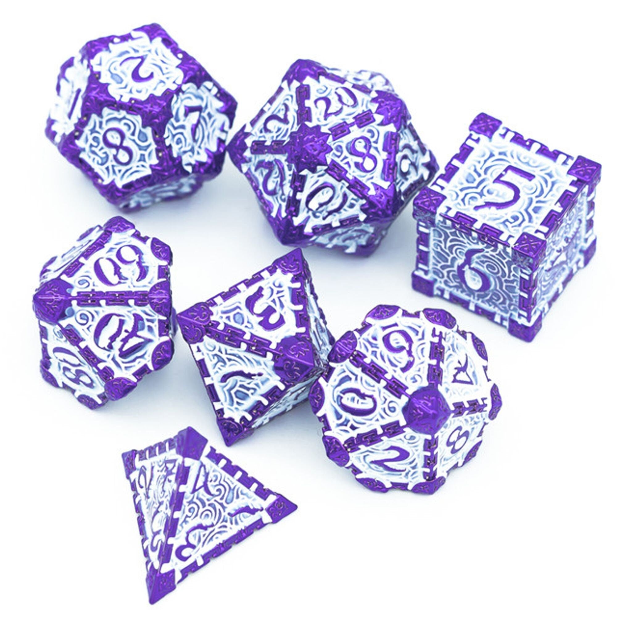 Dagger of Venom Royal Purple and White Metal Rogue Style DND/TTRPG Dice set - Dicemaniac
