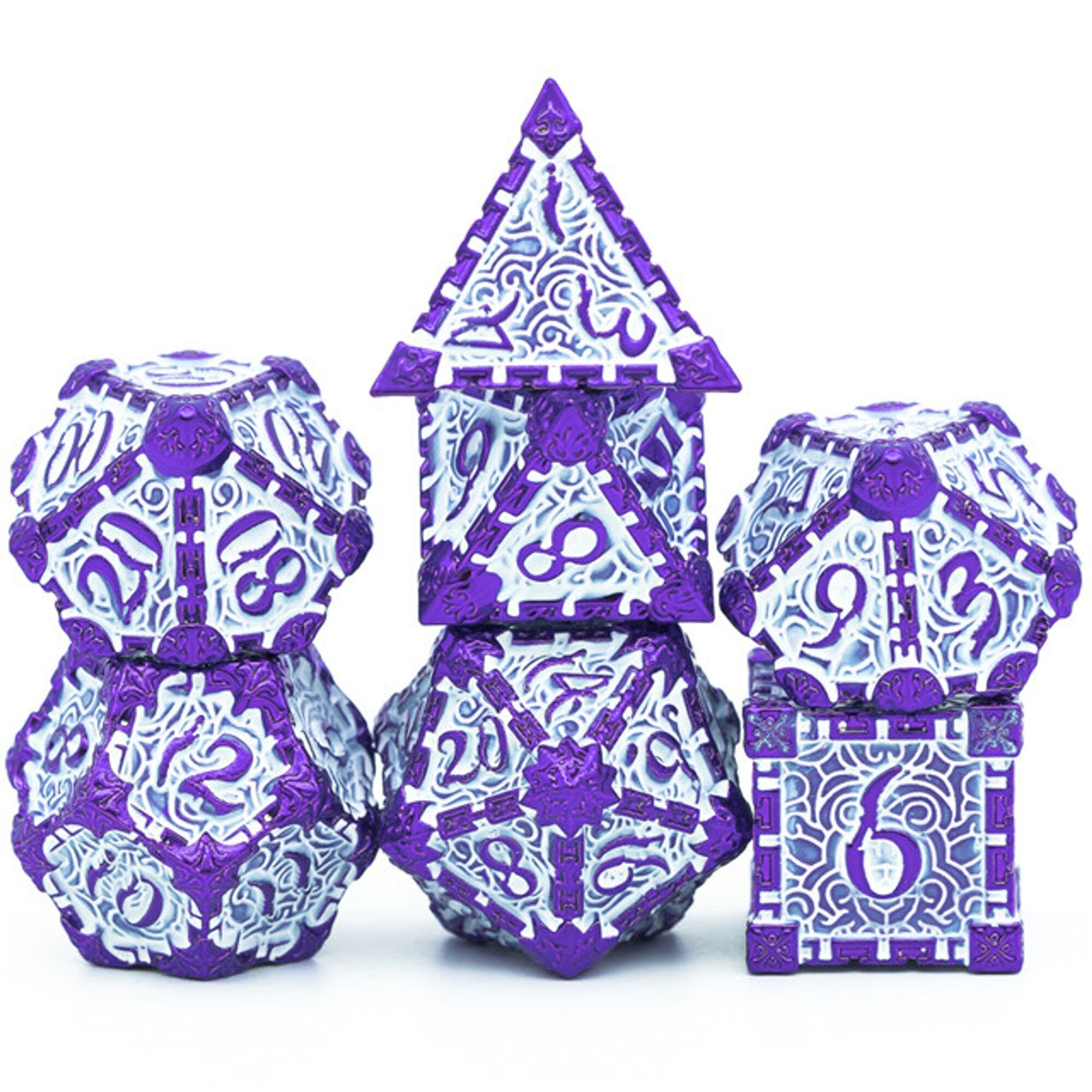 Dagger of Venom Royal Purple and White Metal Rogue Style DND/TTRPG Dice set - Dicemaniac