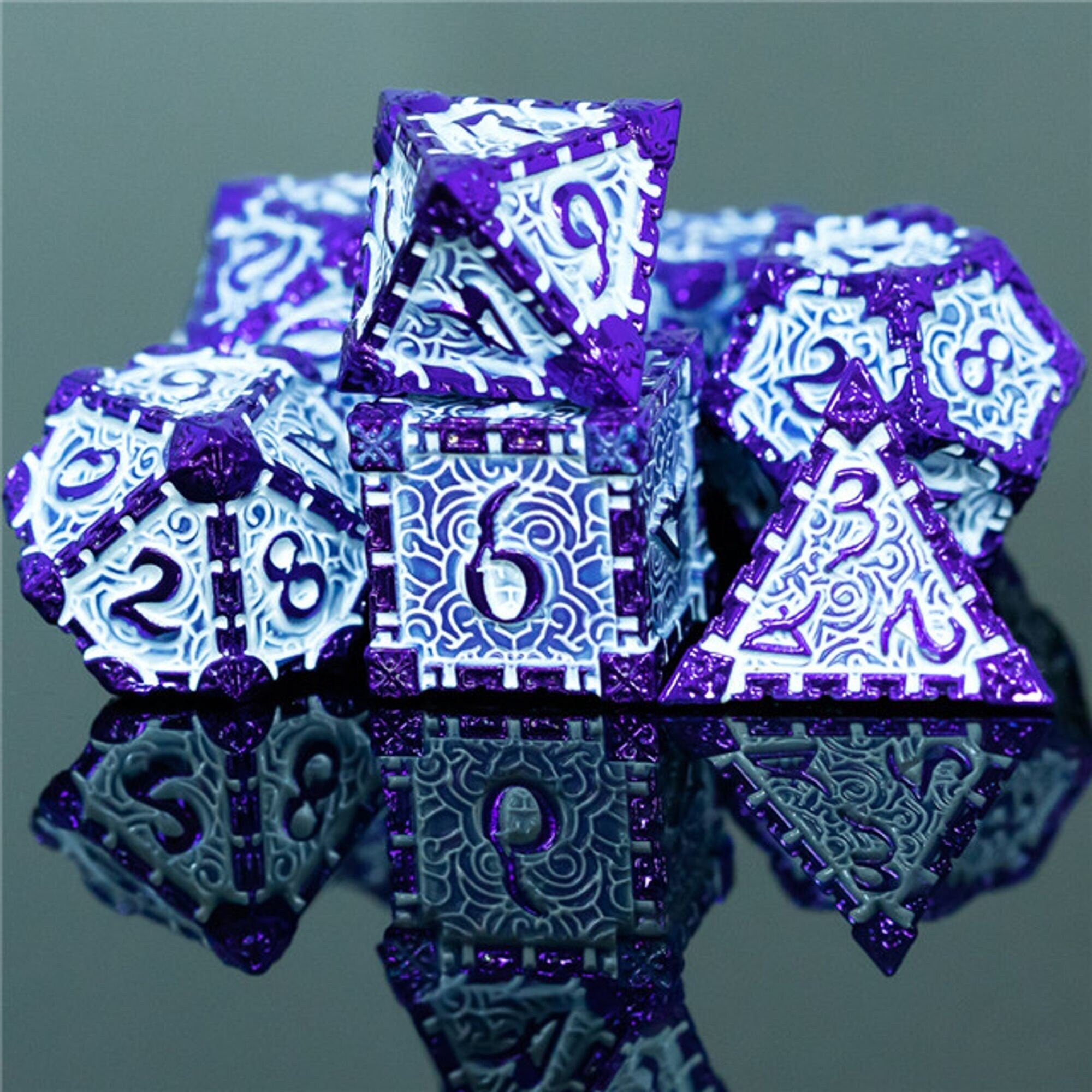 Dagger of Venom Royal Purple and White Metal Rogue Style DND/TTRPG Dice set - Dicemaniac