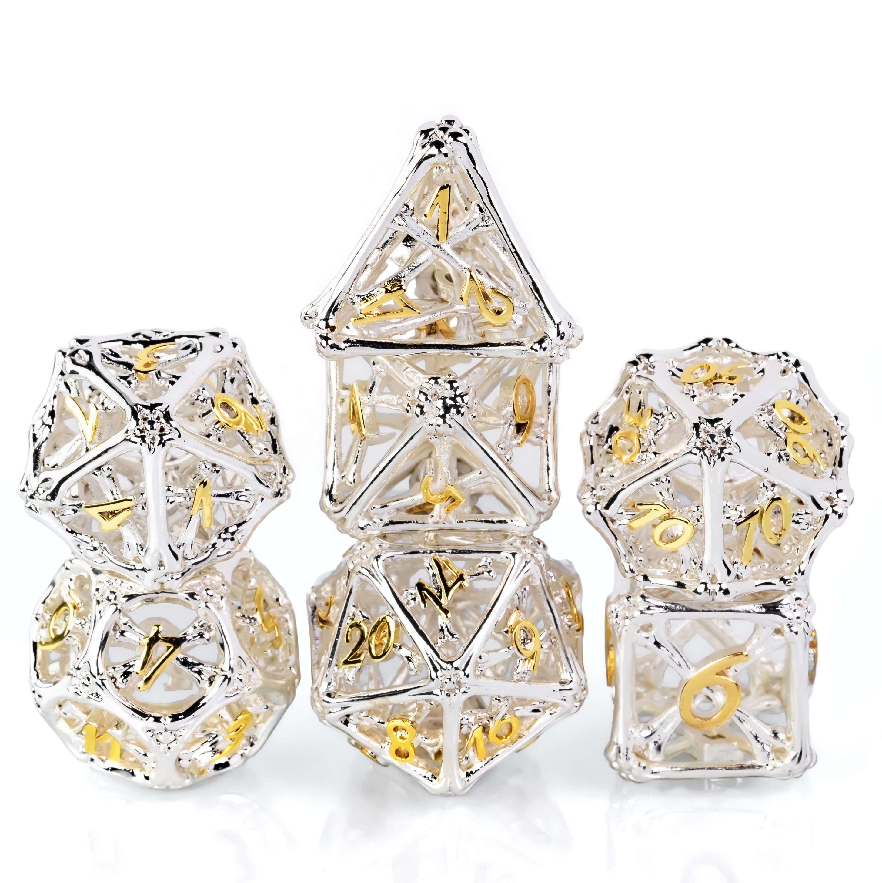 Hollow Shiny Silver and Gold Bones Metal DND/TTRPG Dice set - Dicemaniac